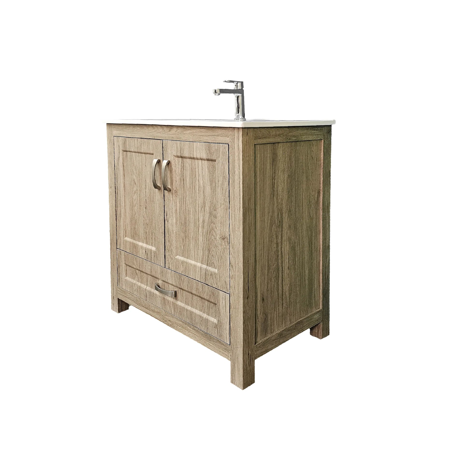 Wooden bathroom vanity with sink on a white background