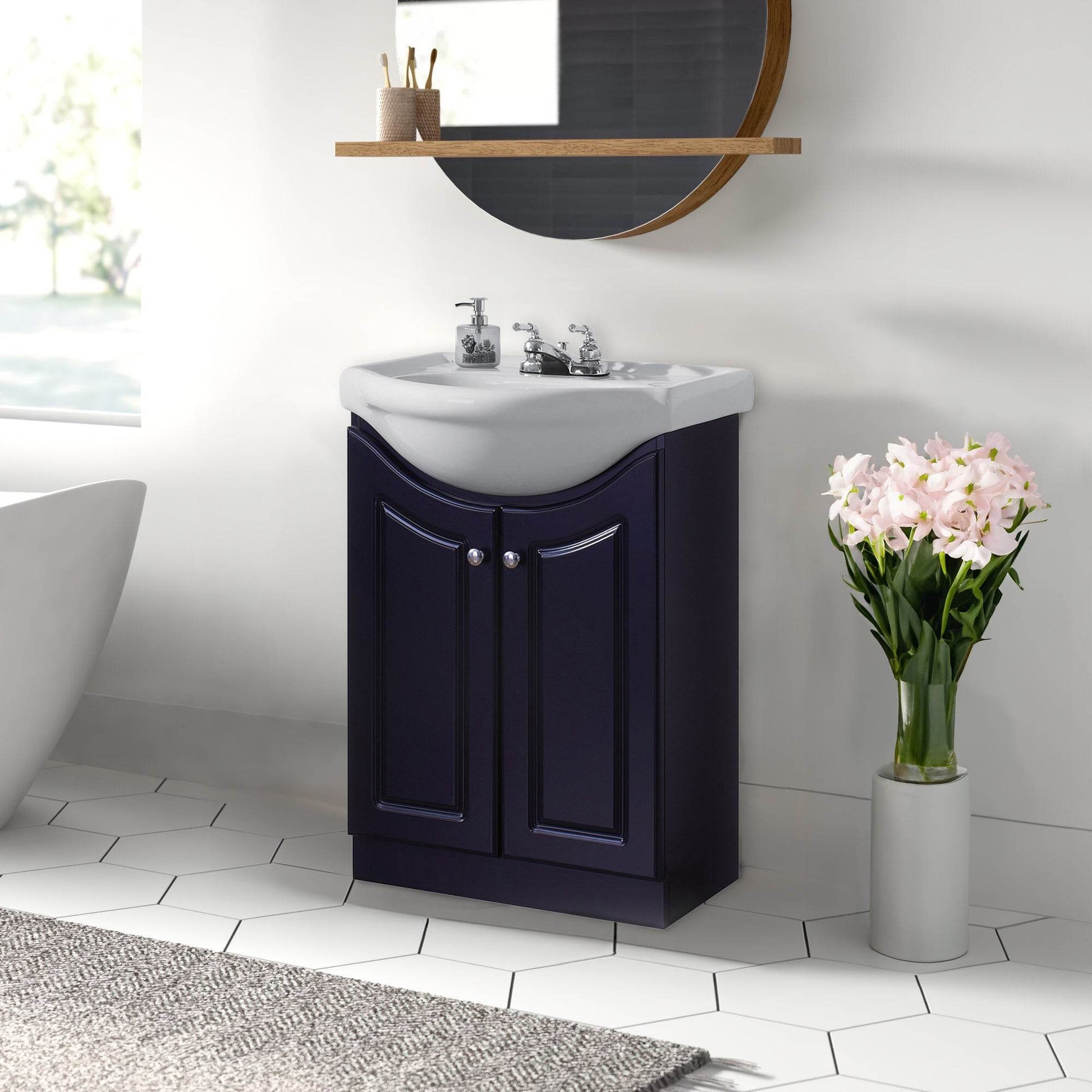 Elanor 24" W x 19" D x 34" H Semi-Contemporary Euro Vanity in Satin Black with Ceramic Vanity Top in White - Dreamwerks