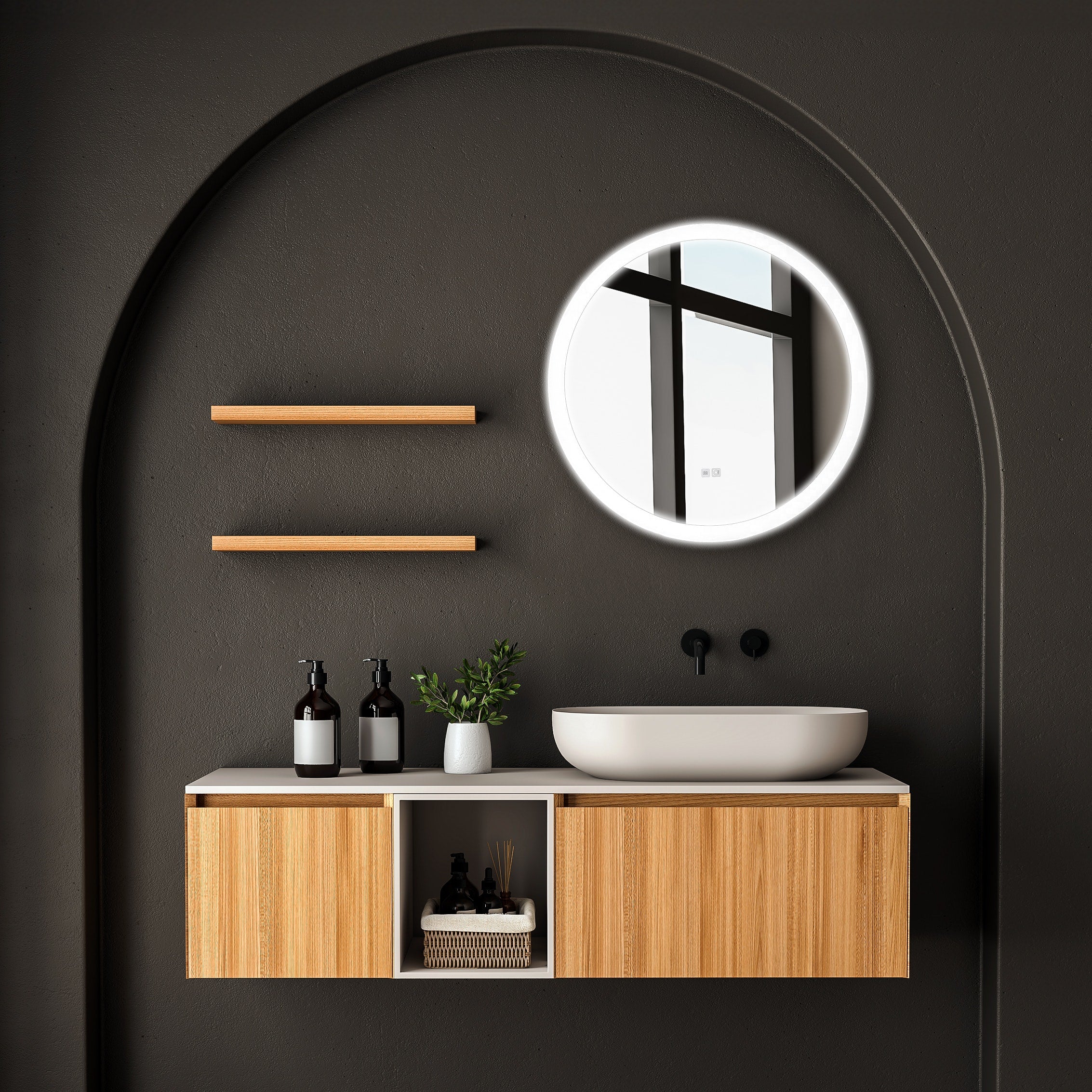 Dreamwerks-Mariana-24"-Round-LED-Mirror-integrated-Dimmer-Defogger-in-nice-luxury-bathroom-image-3
