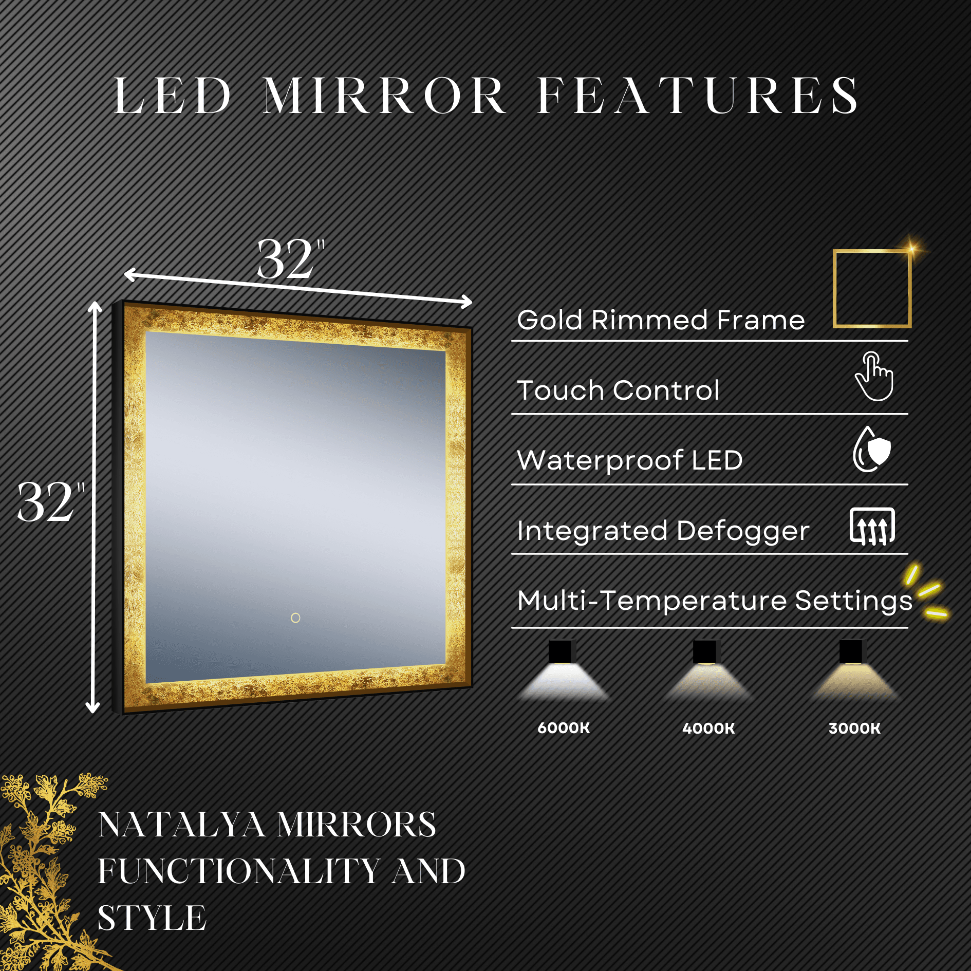 Natalya Gold Rimmed LED Mirror with Dimmable Lighting, Defogging, and Hardwired Installation – Dreamwerks