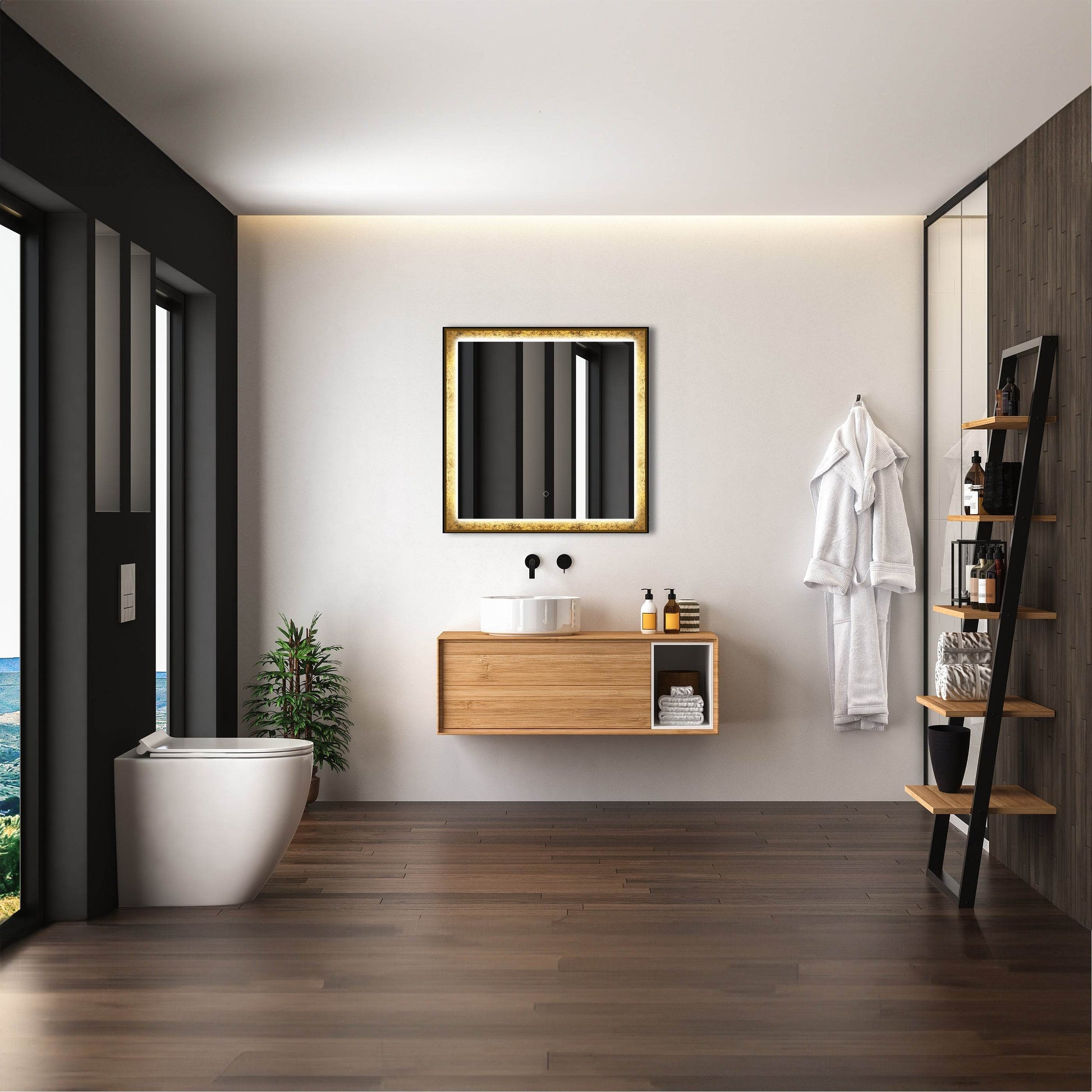 Natalya Gold Rimmed LED Mirror with Dimmable Lighting, Defogging, and Hardwired Installation – Dreamwerks