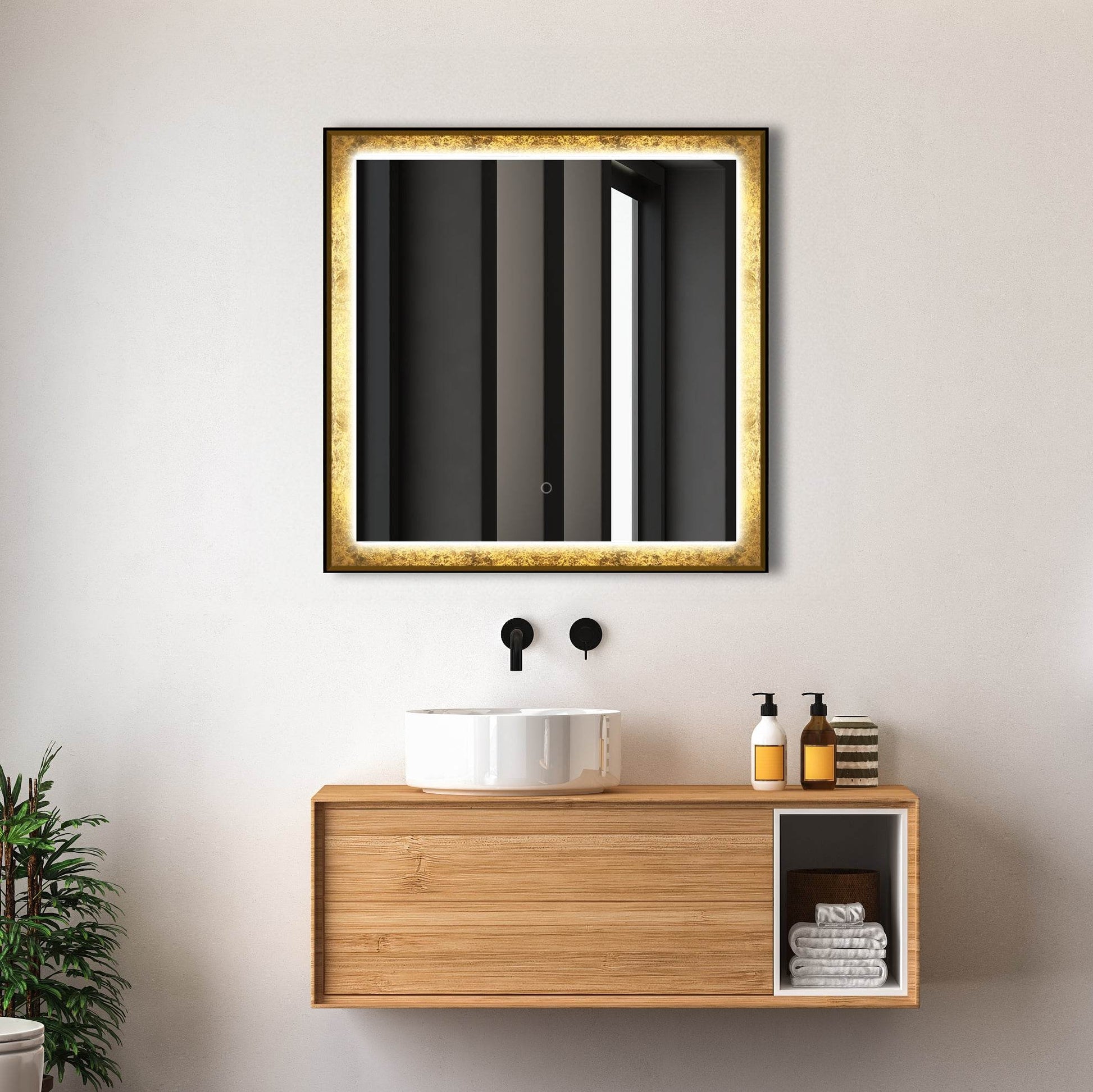 Natalya Gold Rimmed LED Mirror with Dimmable Lighting, Defogging, and Hardwired Installation – Dreamwerks