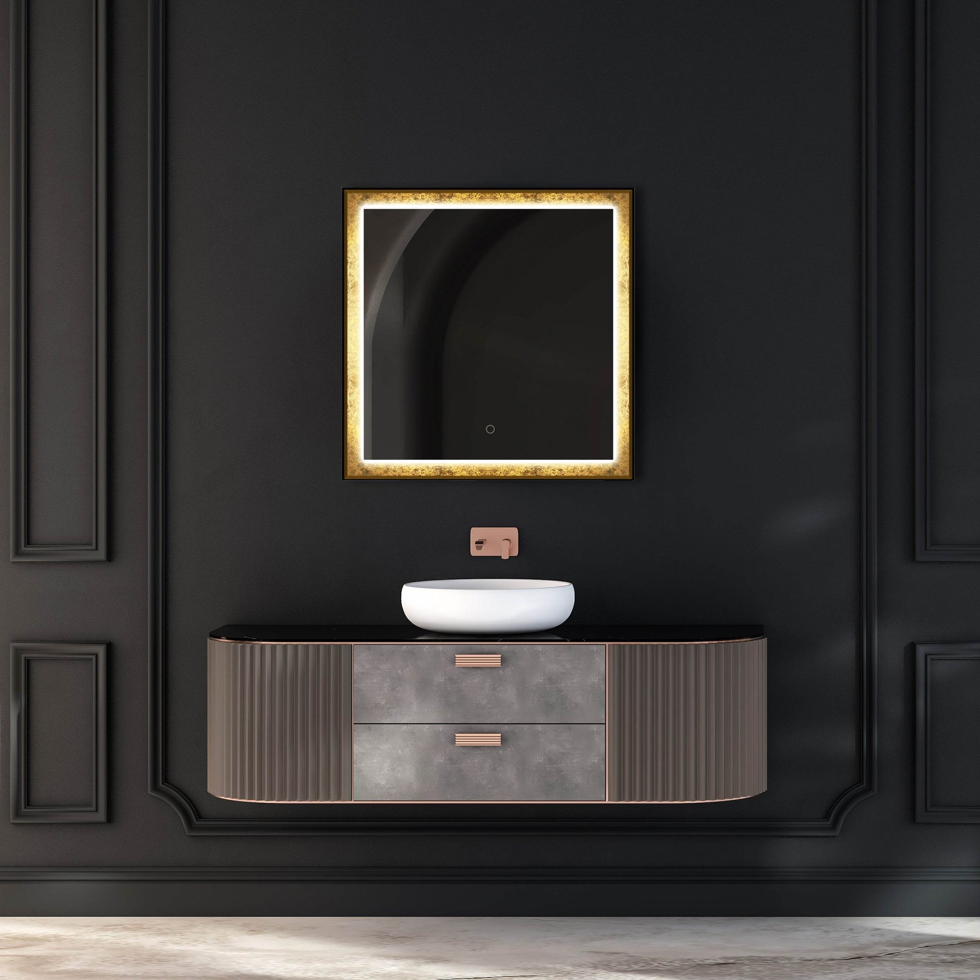 Natalya Gold Rimmed LED Mirror with Dimmable Lighting, Defogging, and Hardwired Installation – Dreamwerks