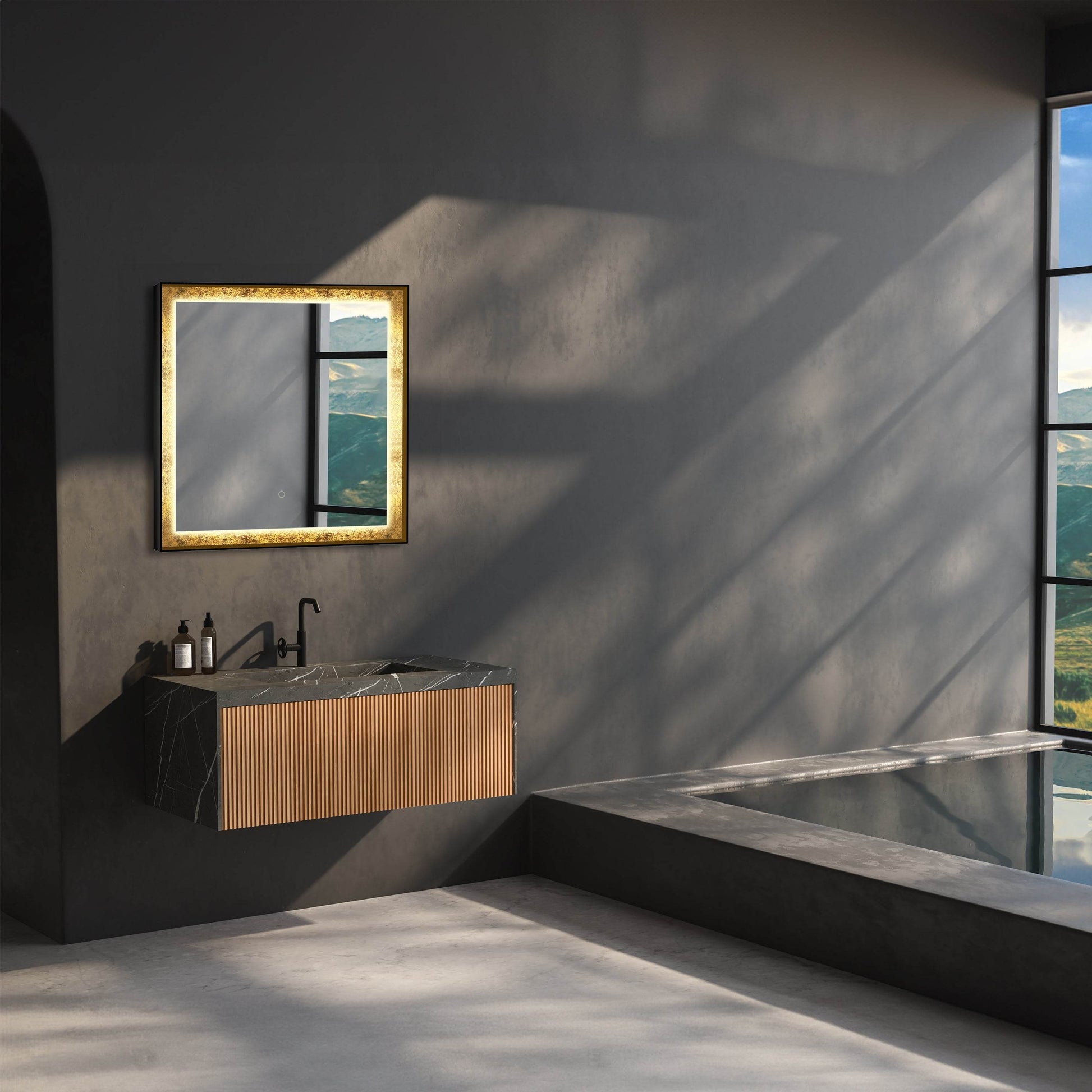 Natalya Gold Rimmed LED Mirror with Dimmable Lighting, Defogging, and Hardwired Installation – Dreamwerks