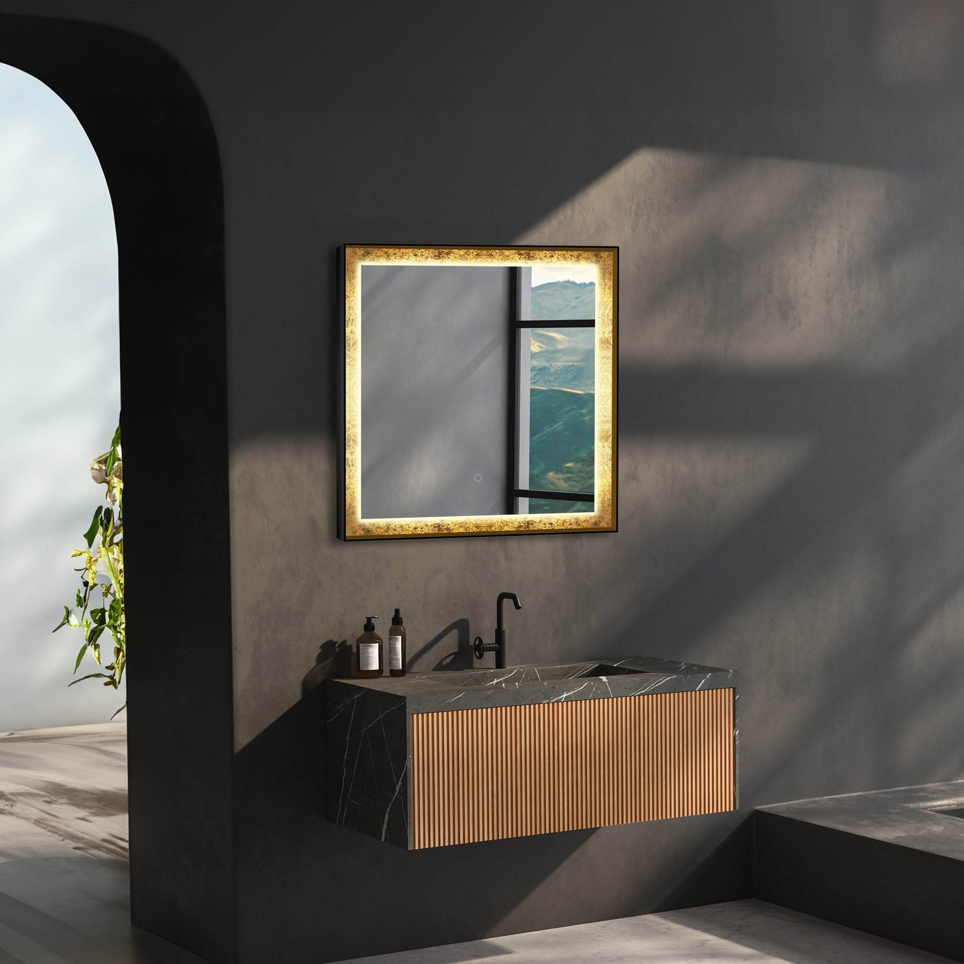 Natalya Gold Rimmed LED Mirror with Dimmable Lighting, Defogging, and Hardwired Installation – Dreamwerks