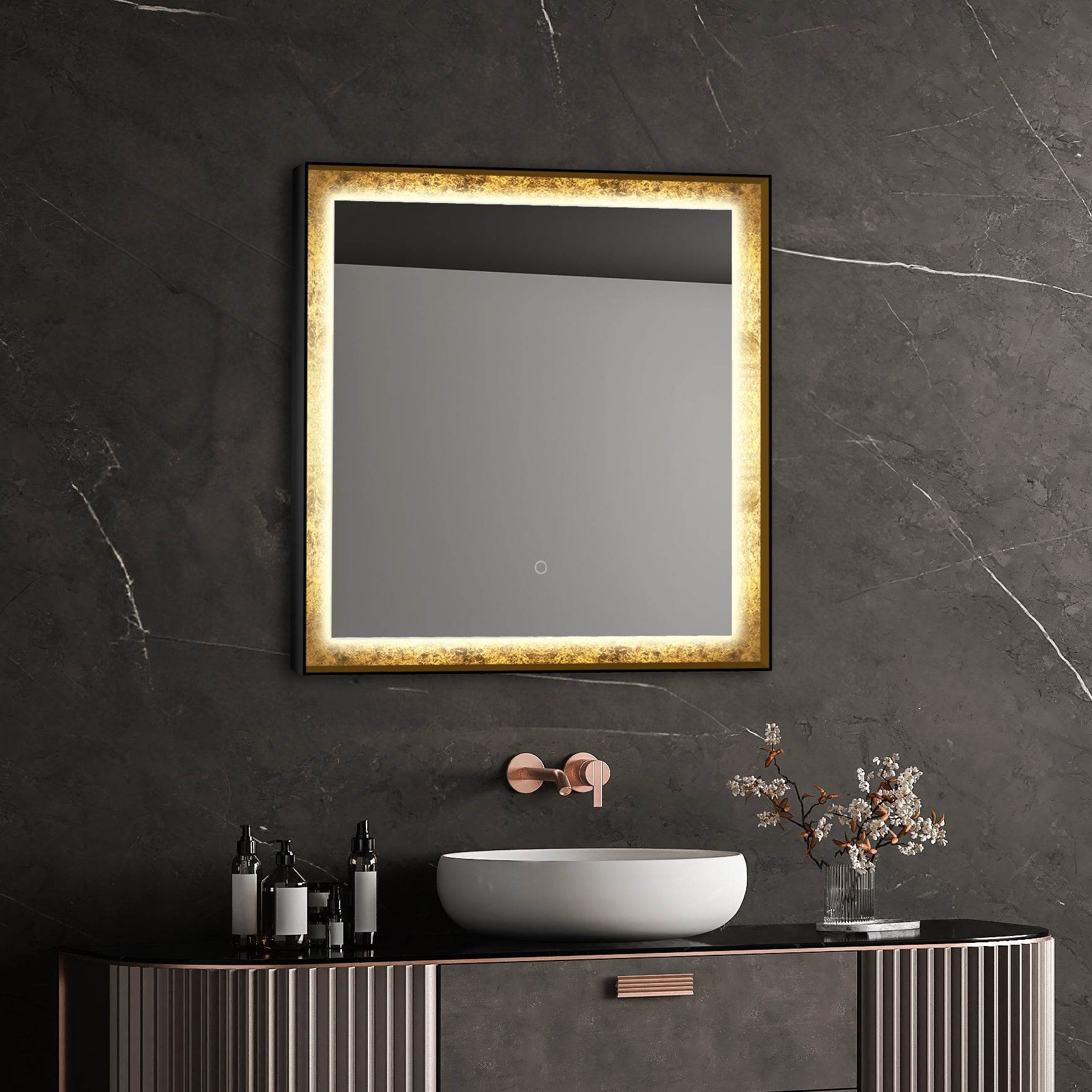 Natalya Gold Rimmed LED Mirror with Dimmable Lighting, Defogging, and Hardwired Installation – Dreamwerks