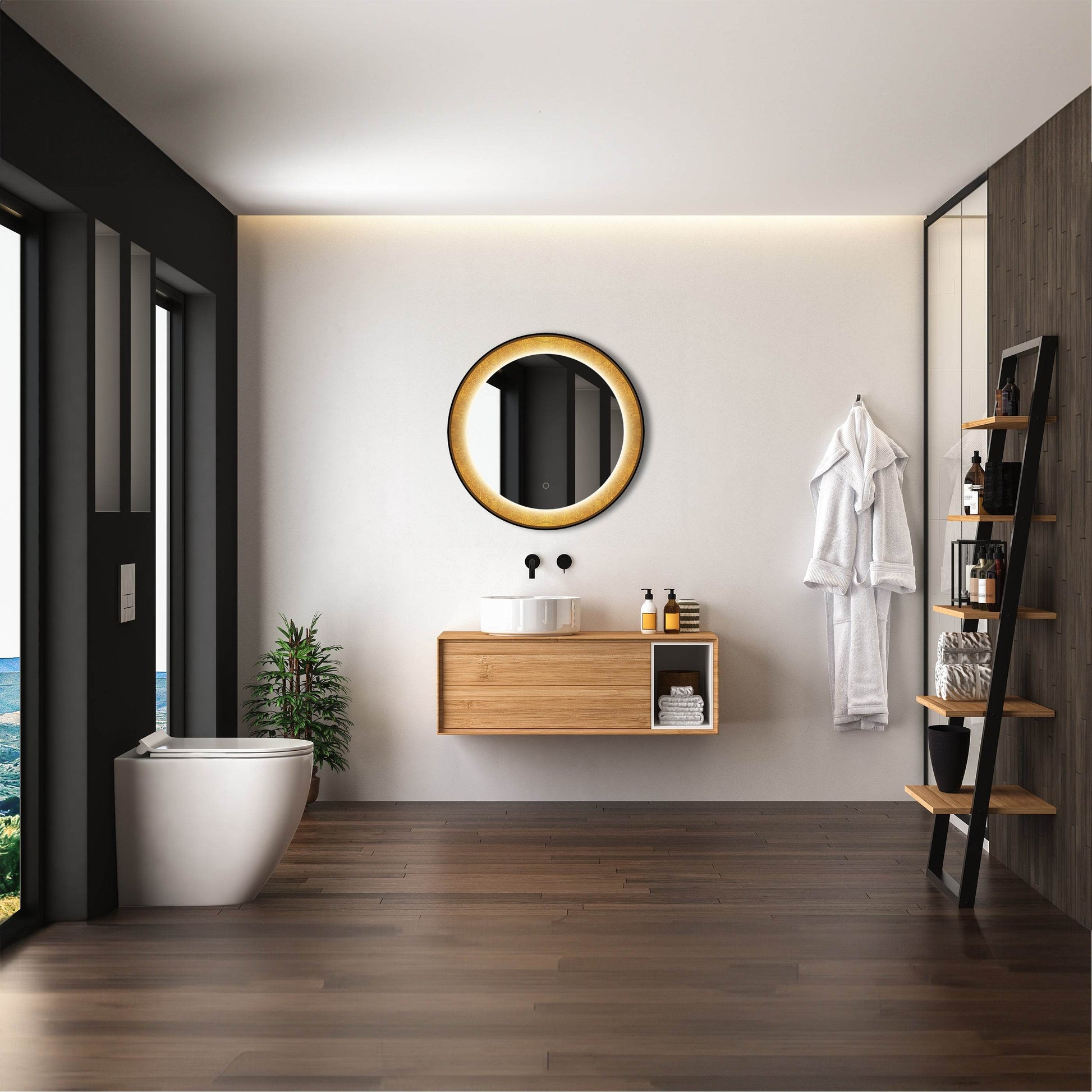 Natalya 30" Round LED Mirror with Gold Rim – Dimmable Lighting, Elegant Bathroom Mirror