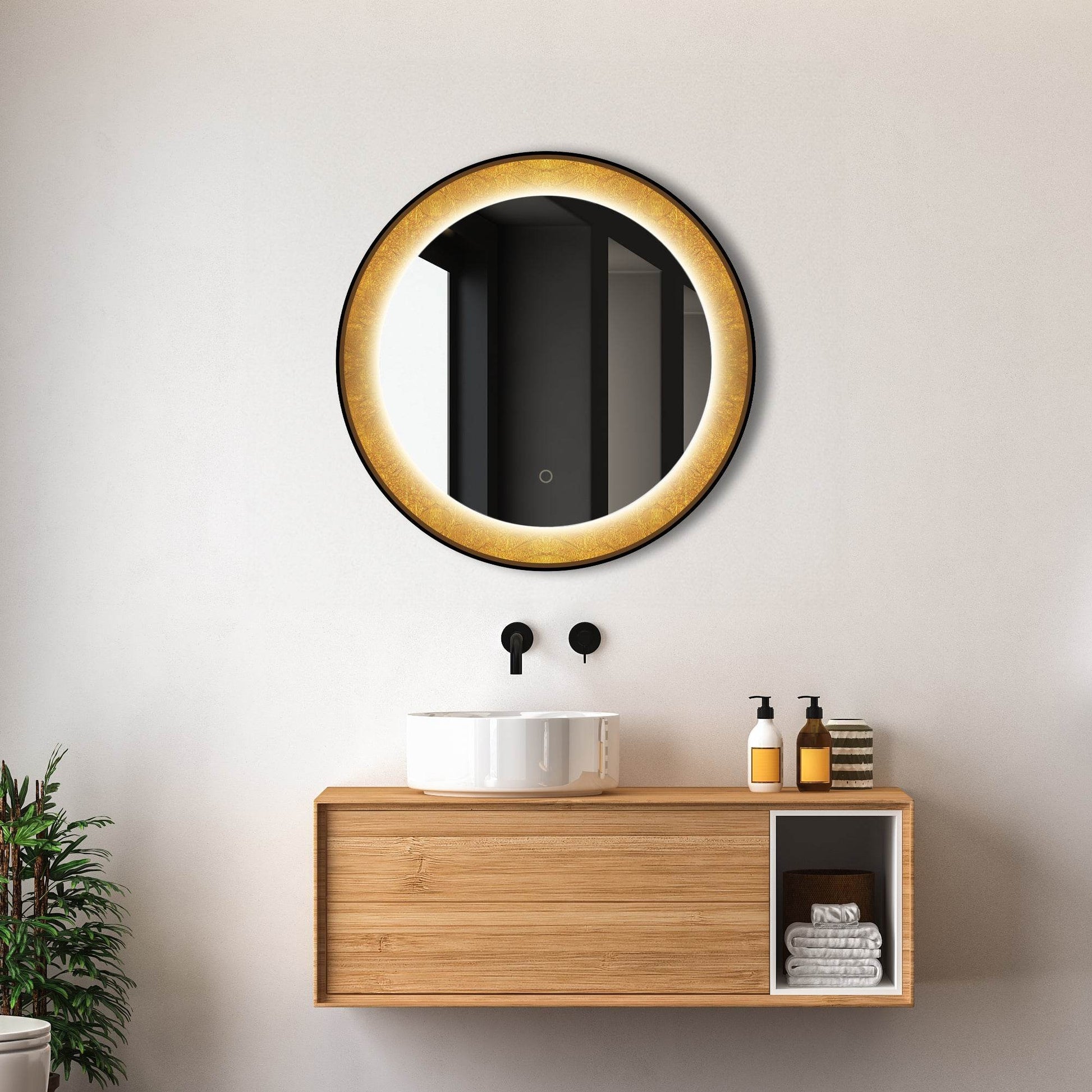 Natalya 30" Round LED Mirror with Gold Rim – Dimmable Lighting, Elegant Bathroom Mirror