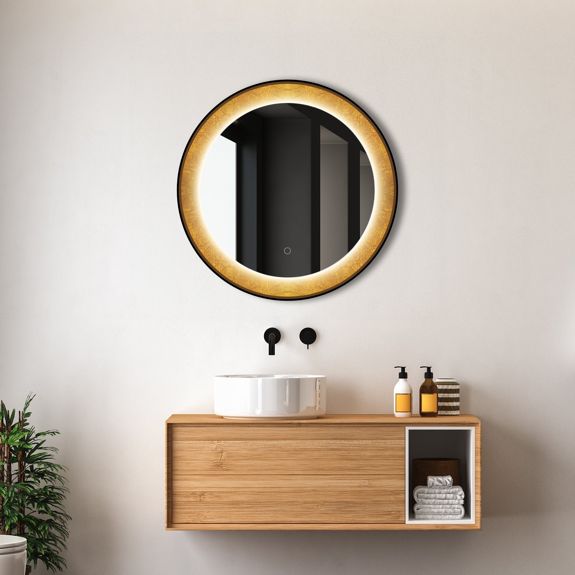 Natalya 30" Round LED Lighted Mirror with Gold Frosted Border - Dreamwerks