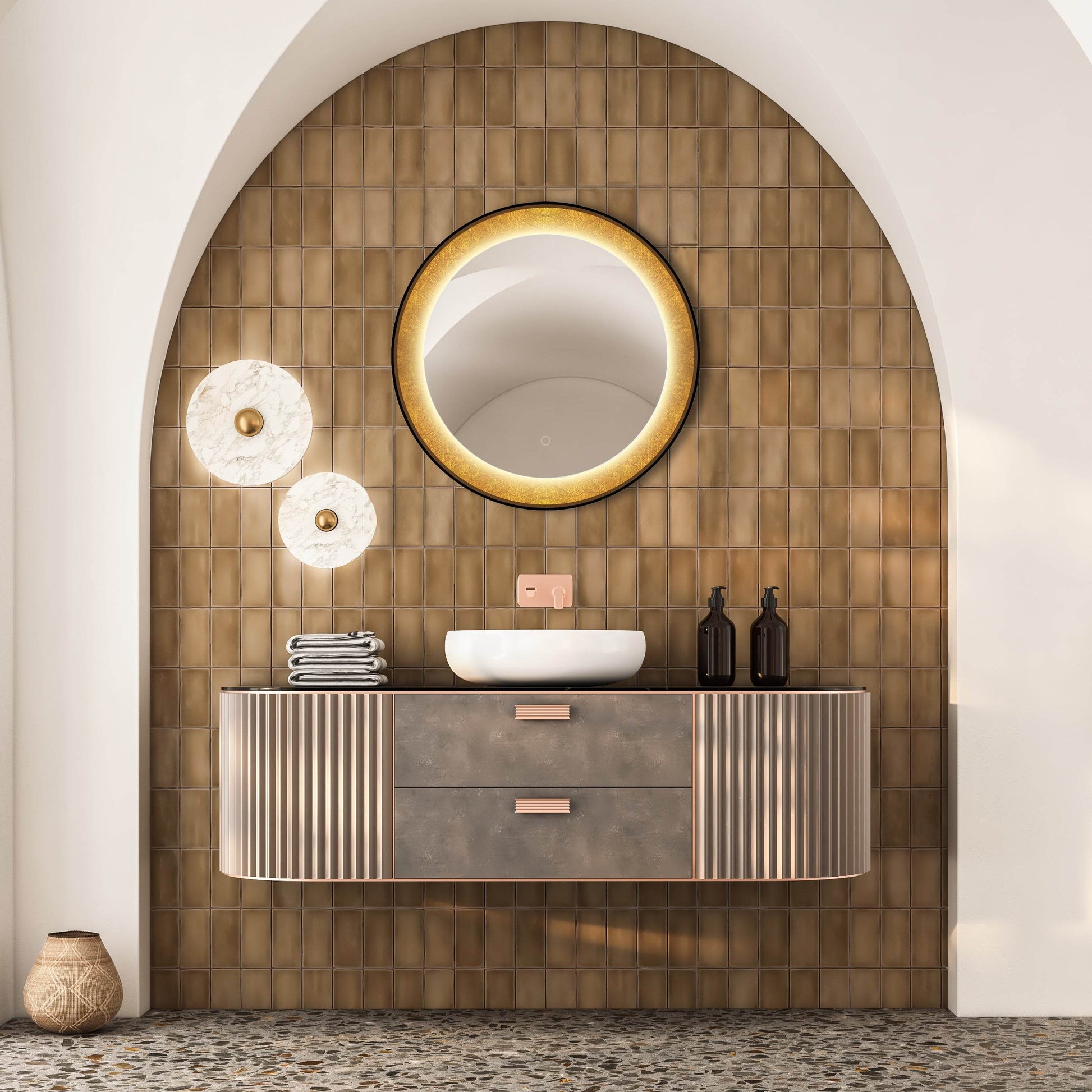 Natalya 30" Round LED Mirror with Gold Rim – Dimmable Lighting, Elegant Bathroom Mirror