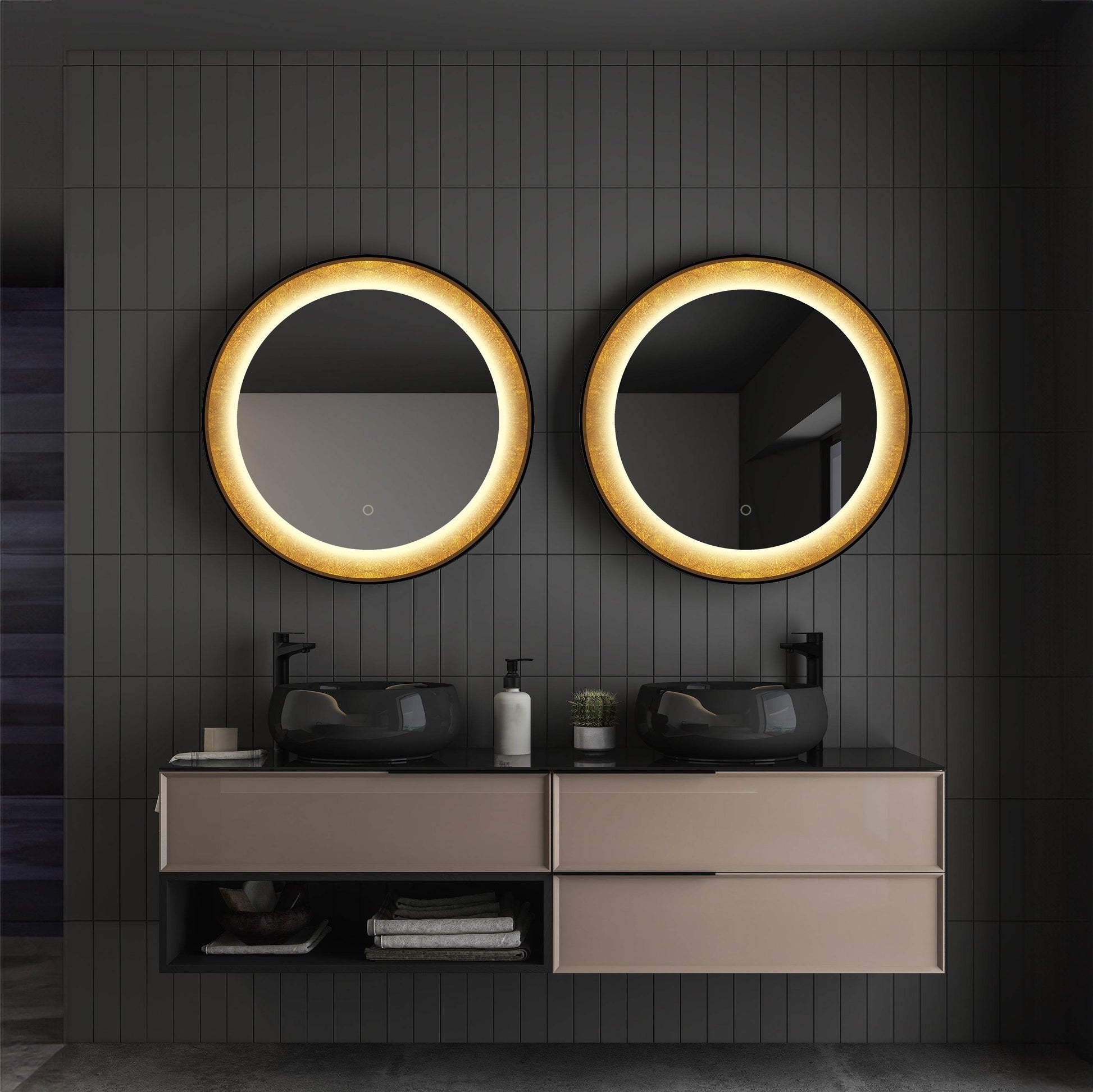 Natalya 30" Round LED Mirror with Gold Rim – Dimmable Lighting, Elegant Bathroom Mirror