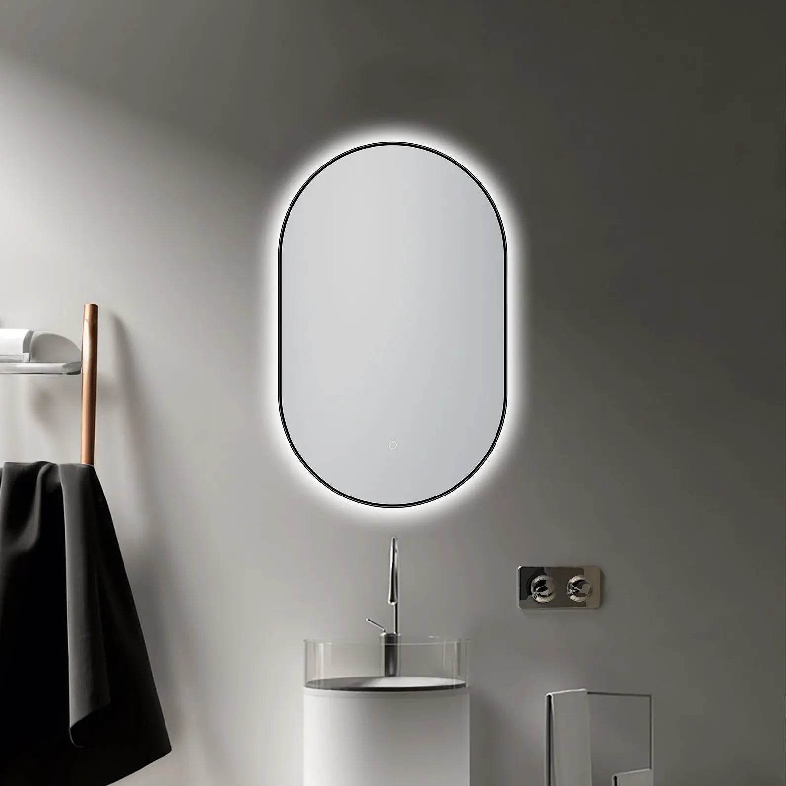 Olivia 20" W x 32" H LED Lighted Bathroom Mirror with Dimmer & Defogger in Black Dreamwerks LED Mirror