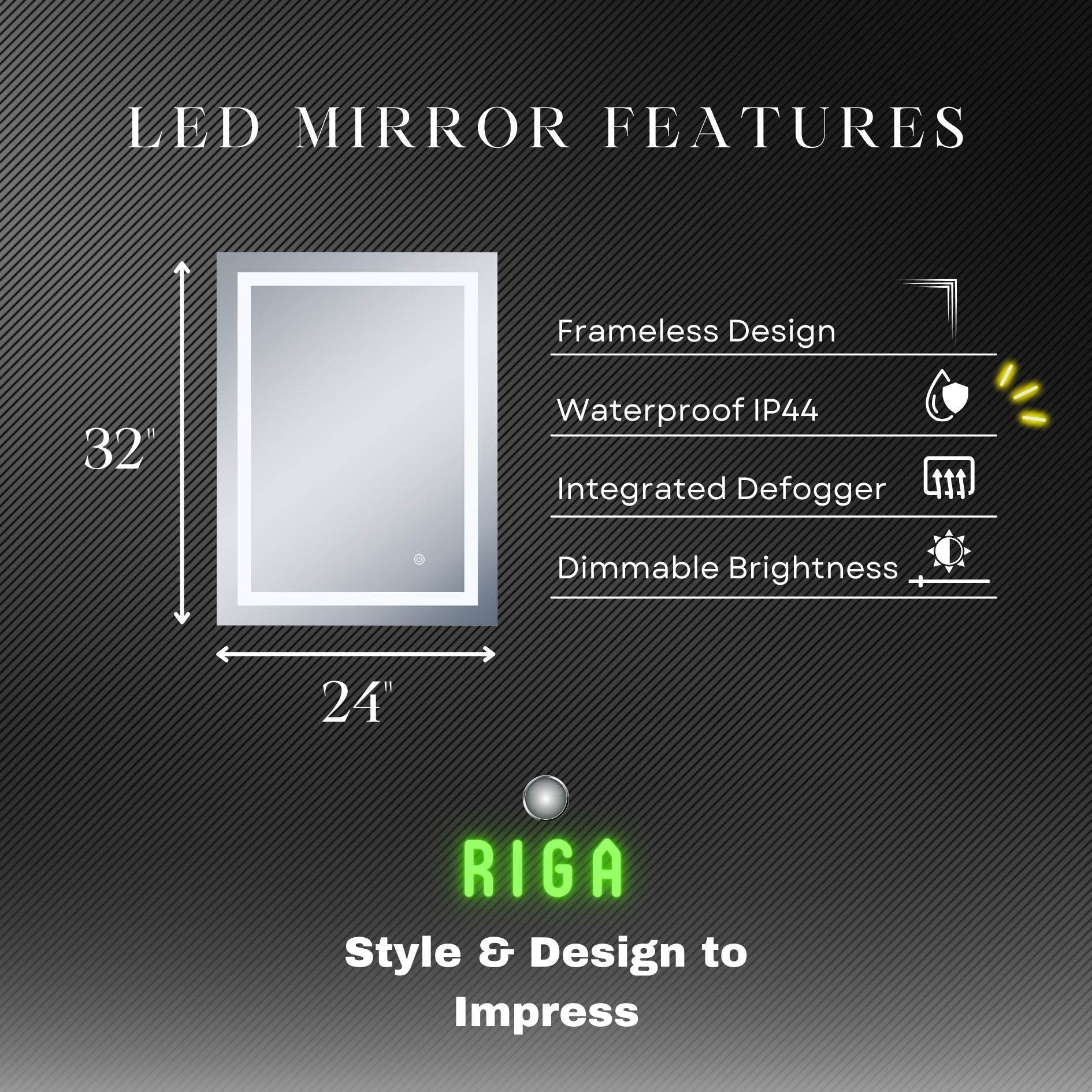 Riga Defogger Mirror with Dimmable LED – Luxury Illuminated Wall Mirror in 4 Sizes | Dreamwerks