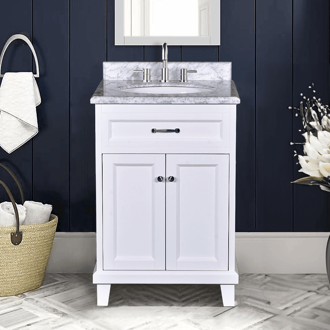 Bathroom Vanity in White with Solid Wood & Carrara Marble Top - Available in 3 sizes - Dreamwerks