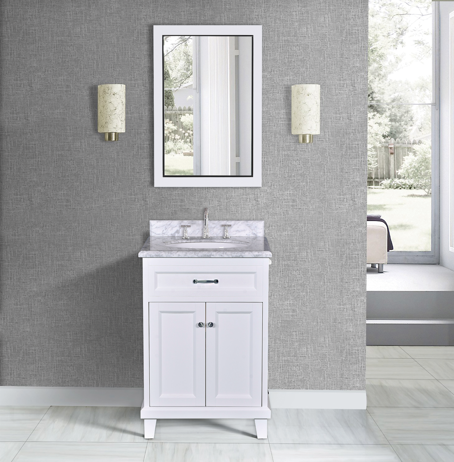 24" W x 22.5" D x 35"H White Vanity w/ Solid Wood & Carrara Marble Top - Dreamwerks