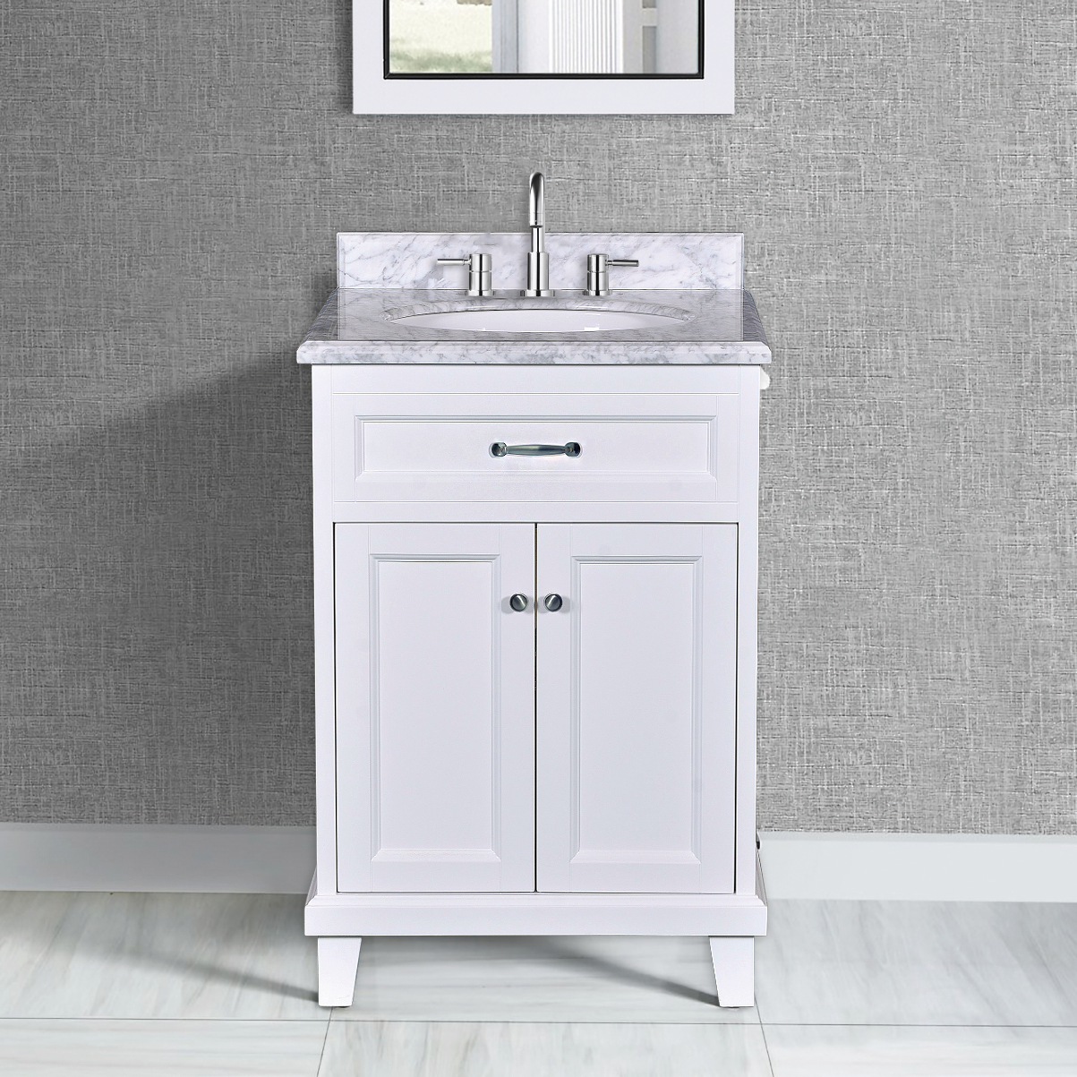 24" W x 22.5" D x 35"H White Vanity w/ Solid Wood & Carrara Marble Top - Dreamwerks