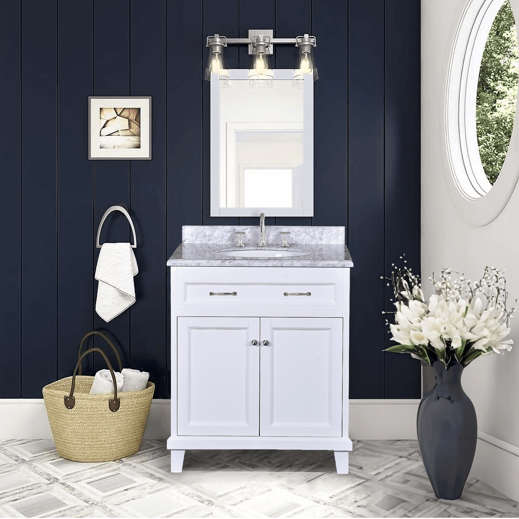 Bathroom Vanity in White with Solid Wood & Carrara Marble Top - Available in 3 sizes - Dreamwerks