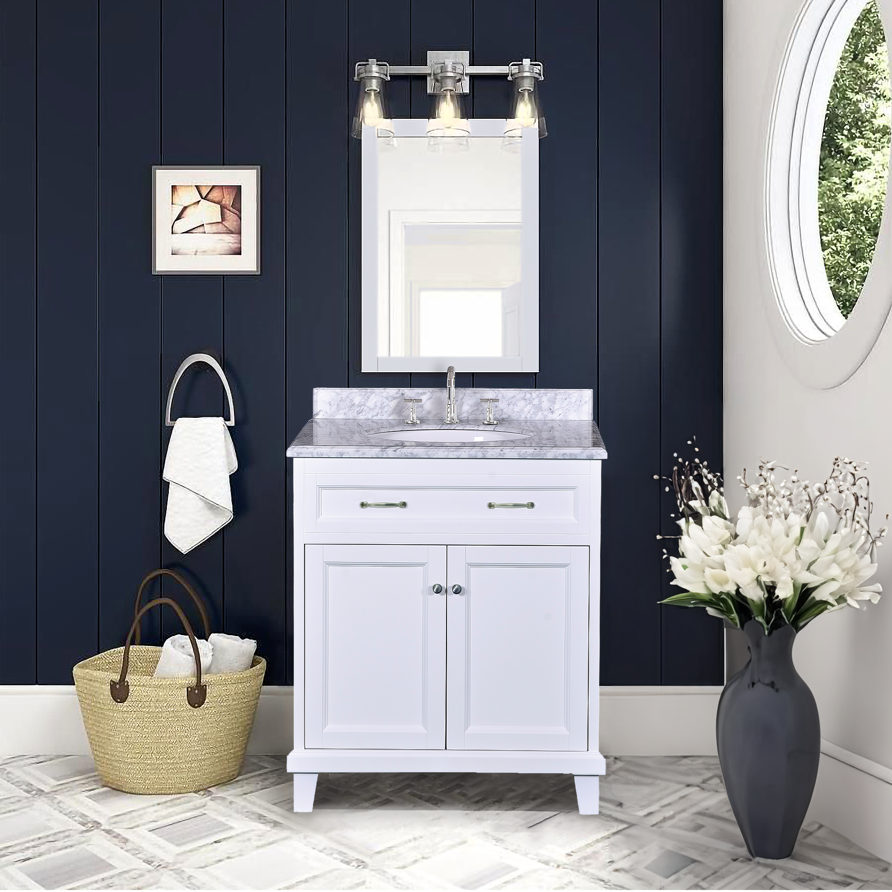 30"W x 22.4"D x 35"H White Vanity w/ Solid Wood & Carrara Marble Top - Dreamwerks