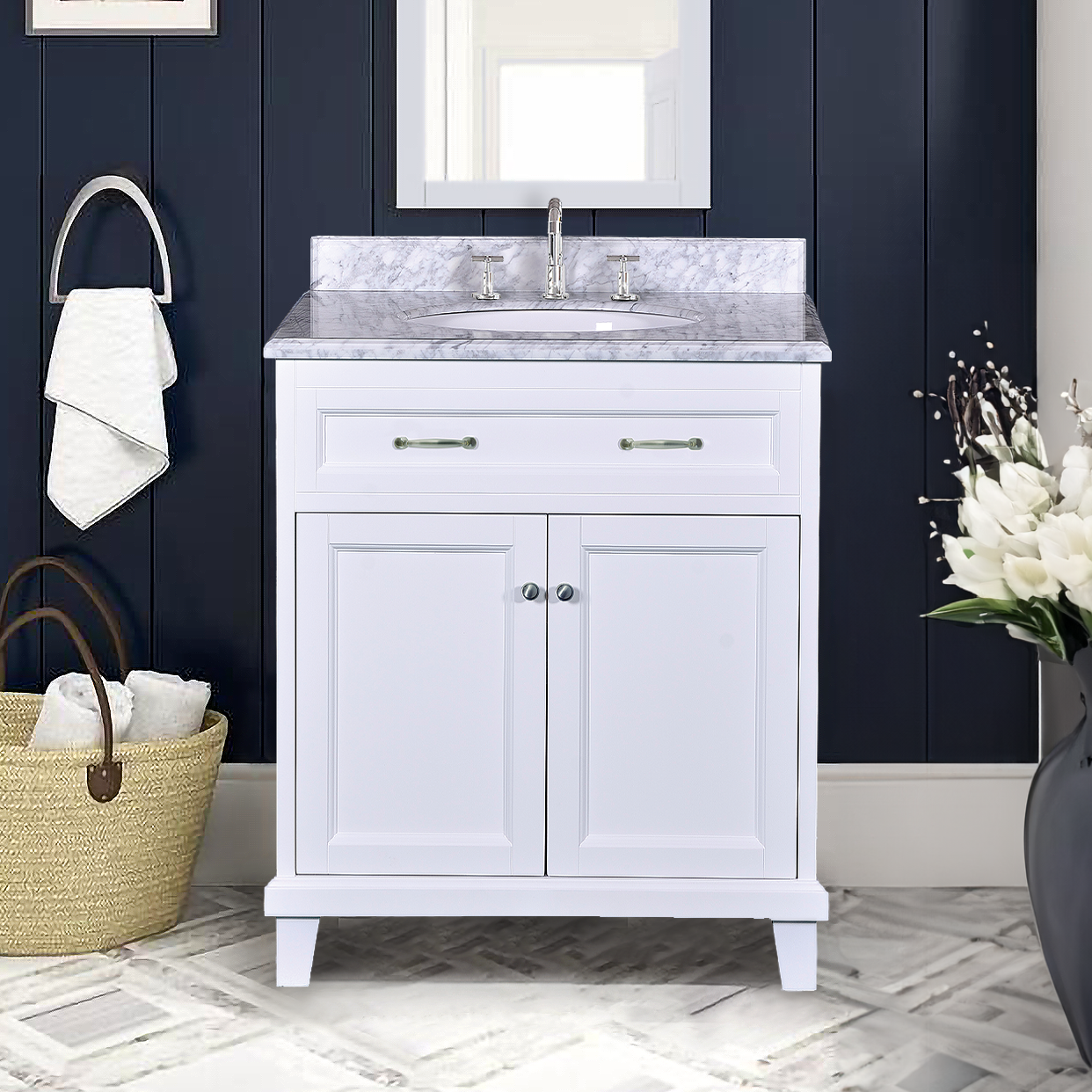 Addison Bathroom Vanity in White with Solid Wood & Carrara Marble Top - Available in 3 sizes