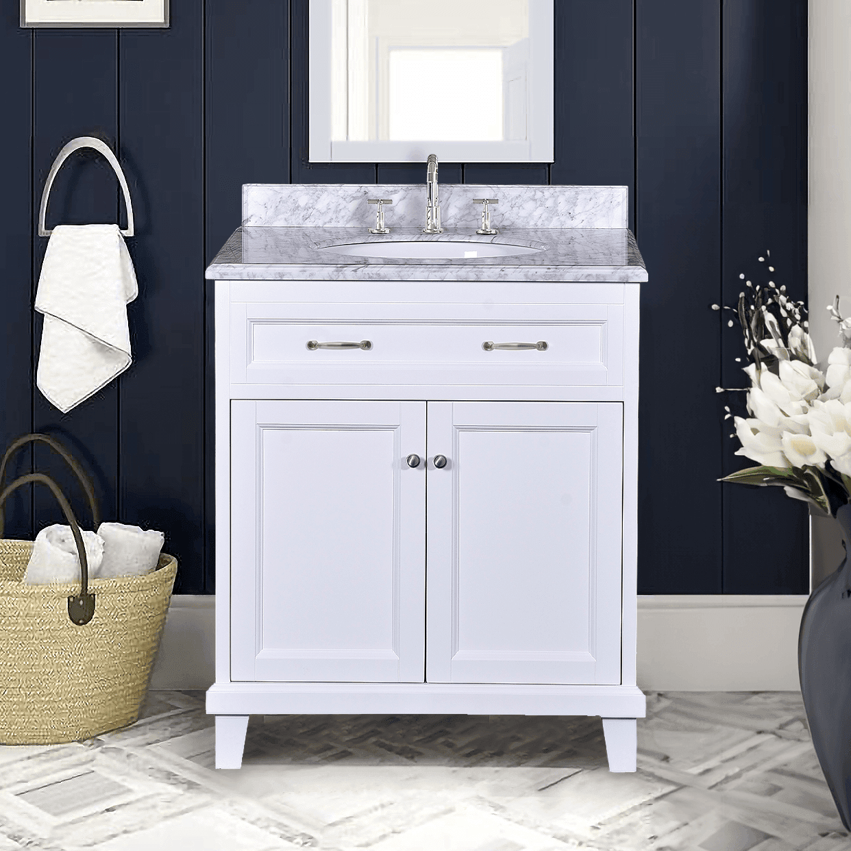 Bathroom Vanity in White with Solid Wood & Carrara Marble Top - Available in 3 sizes - Dreamwerks