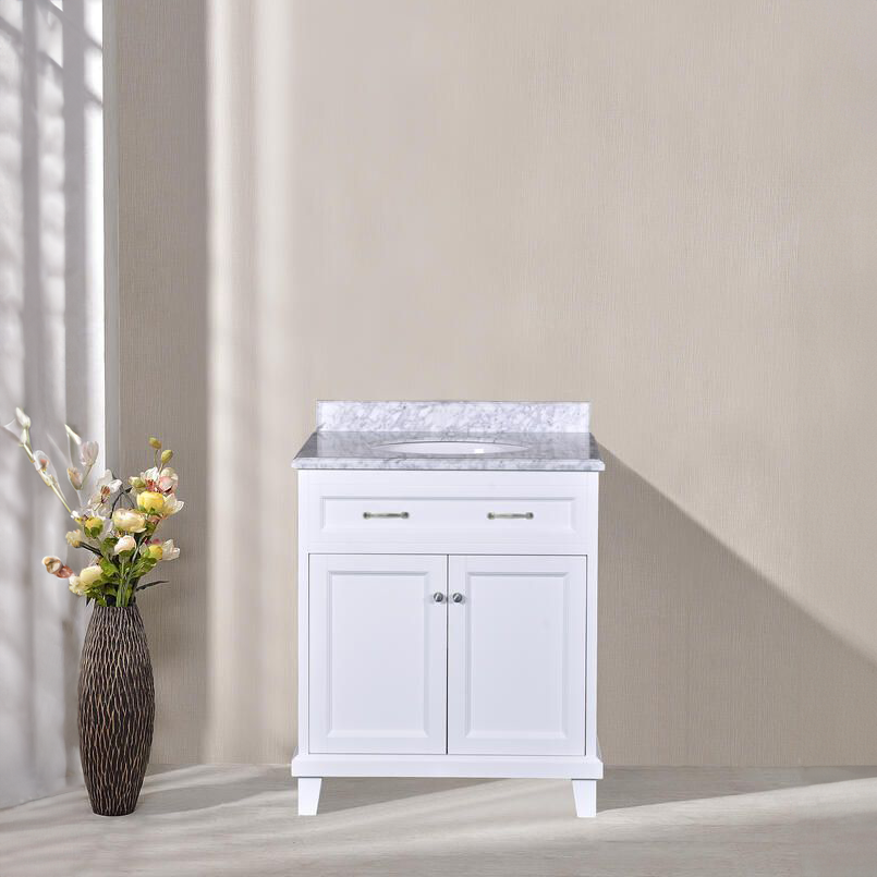 30"W x 22.4"D x 35"H White Vanity w/ Solid Wood & Carrara Marble Top - Dreamwerks