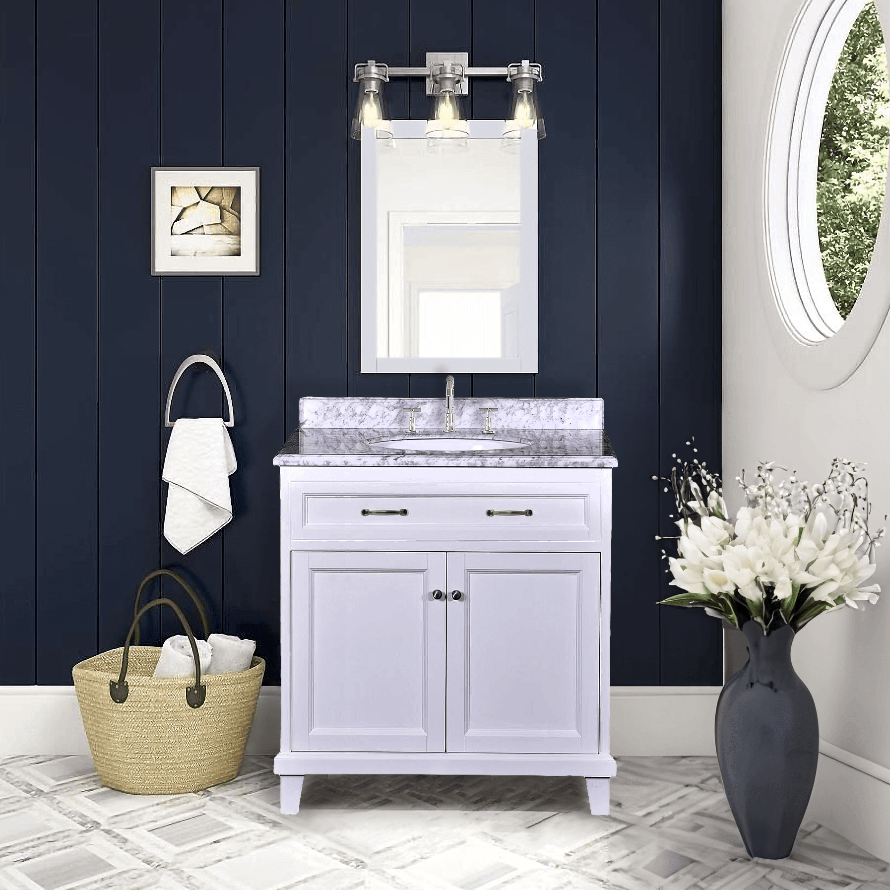 Bathroom Vanity in White with Solid Wood & Carrara Marble Top - Available in 3 sizes - Dreamwerks