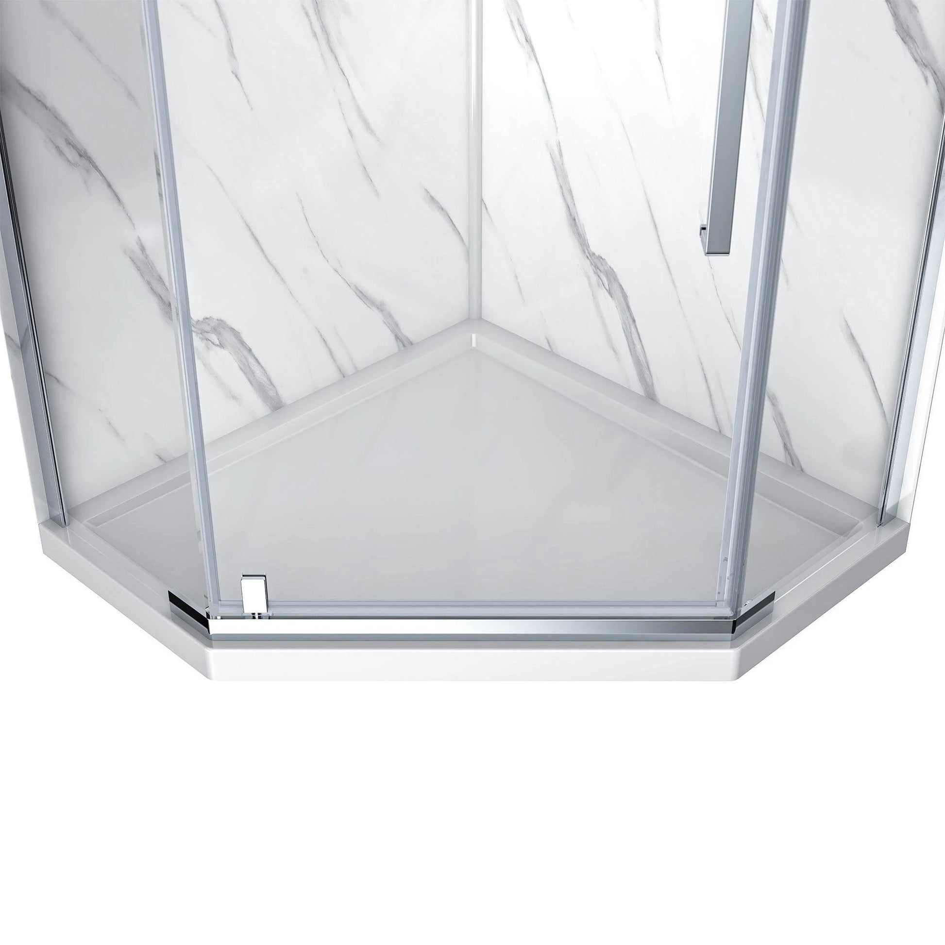 Hexagonal glass shower enclosure with white marble pattern on a white background