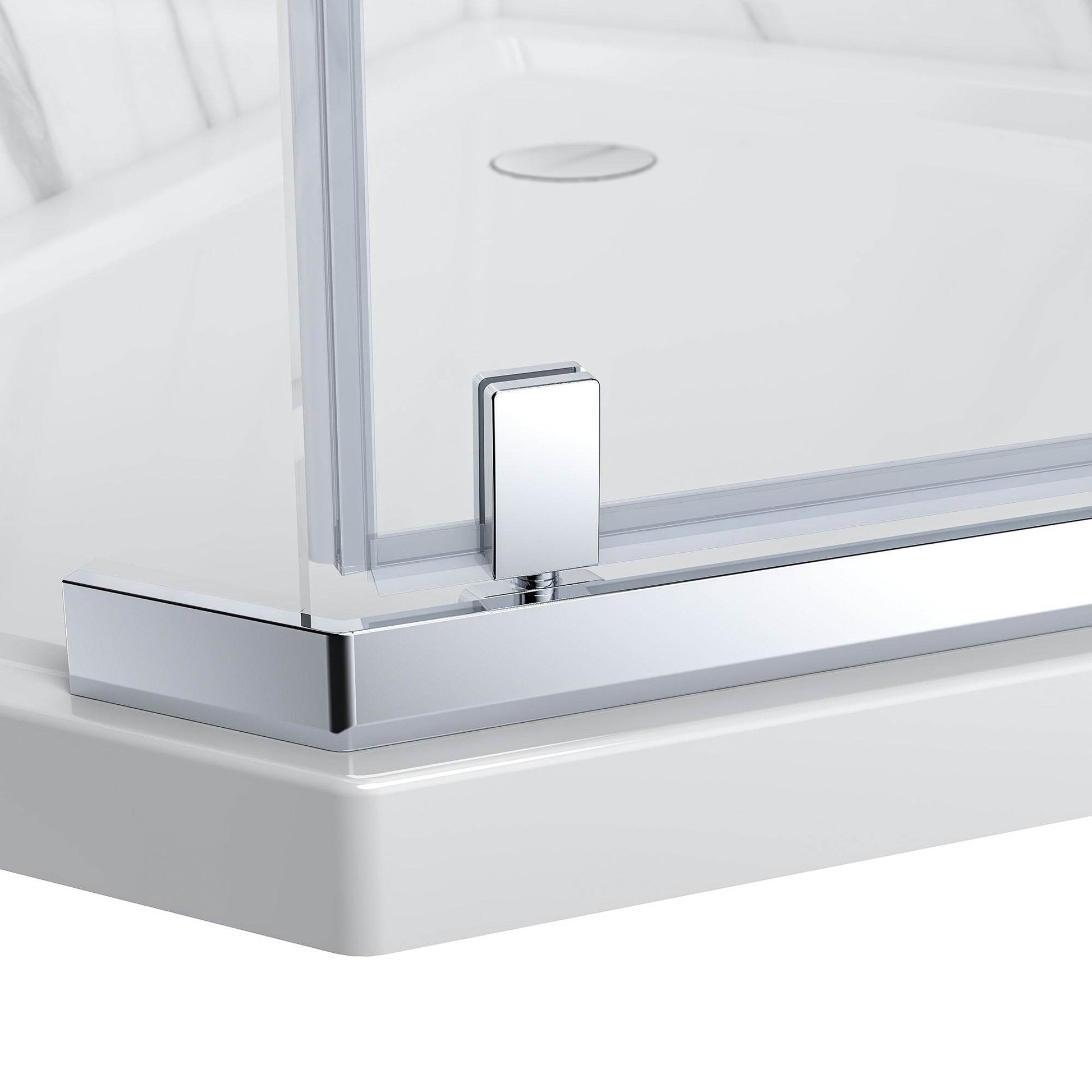 Close-up of a shower enclosure with clear glass and chrome fixtures.