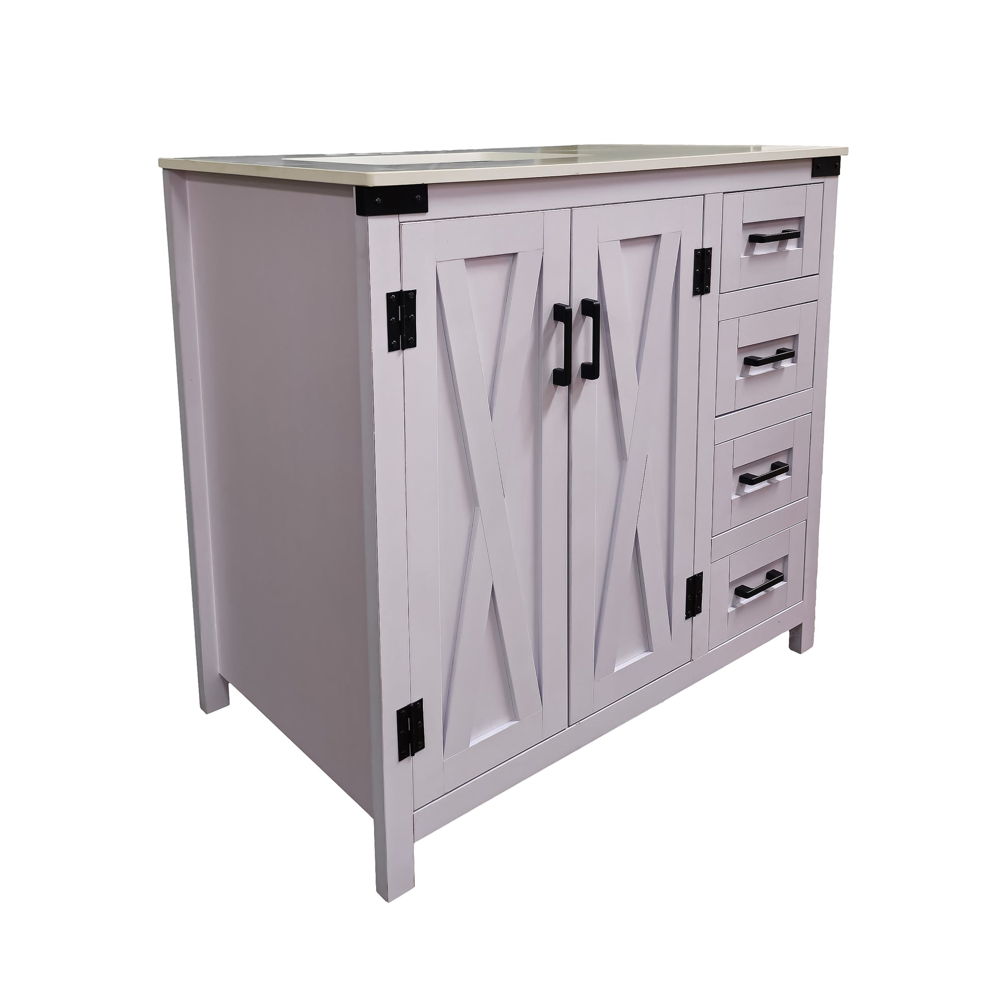 White kitchen island with decorative doors and drawers on a white background