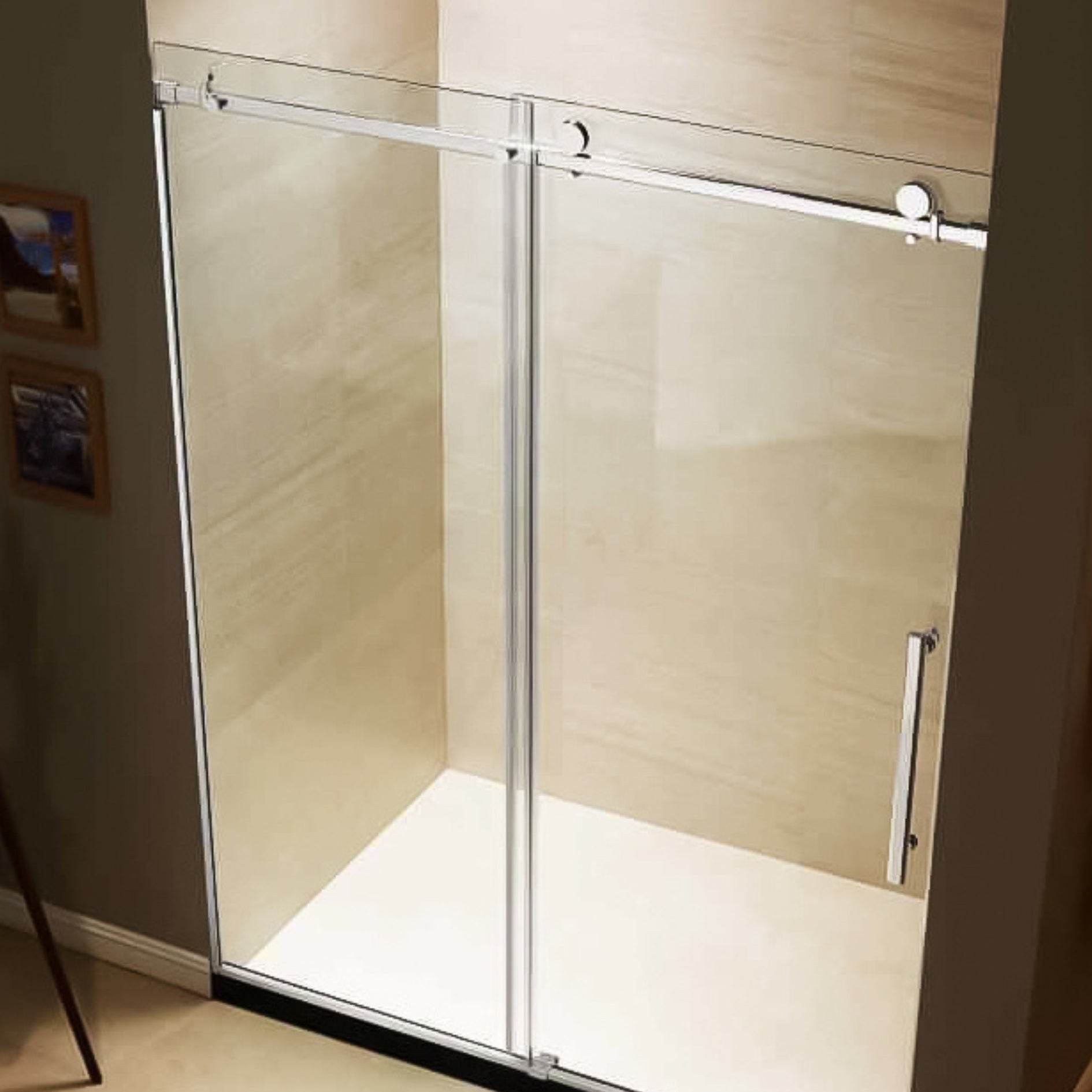 60 in. frameless sliding shower door in stainless steel with clear glass and chrome finish - Dreamwerks