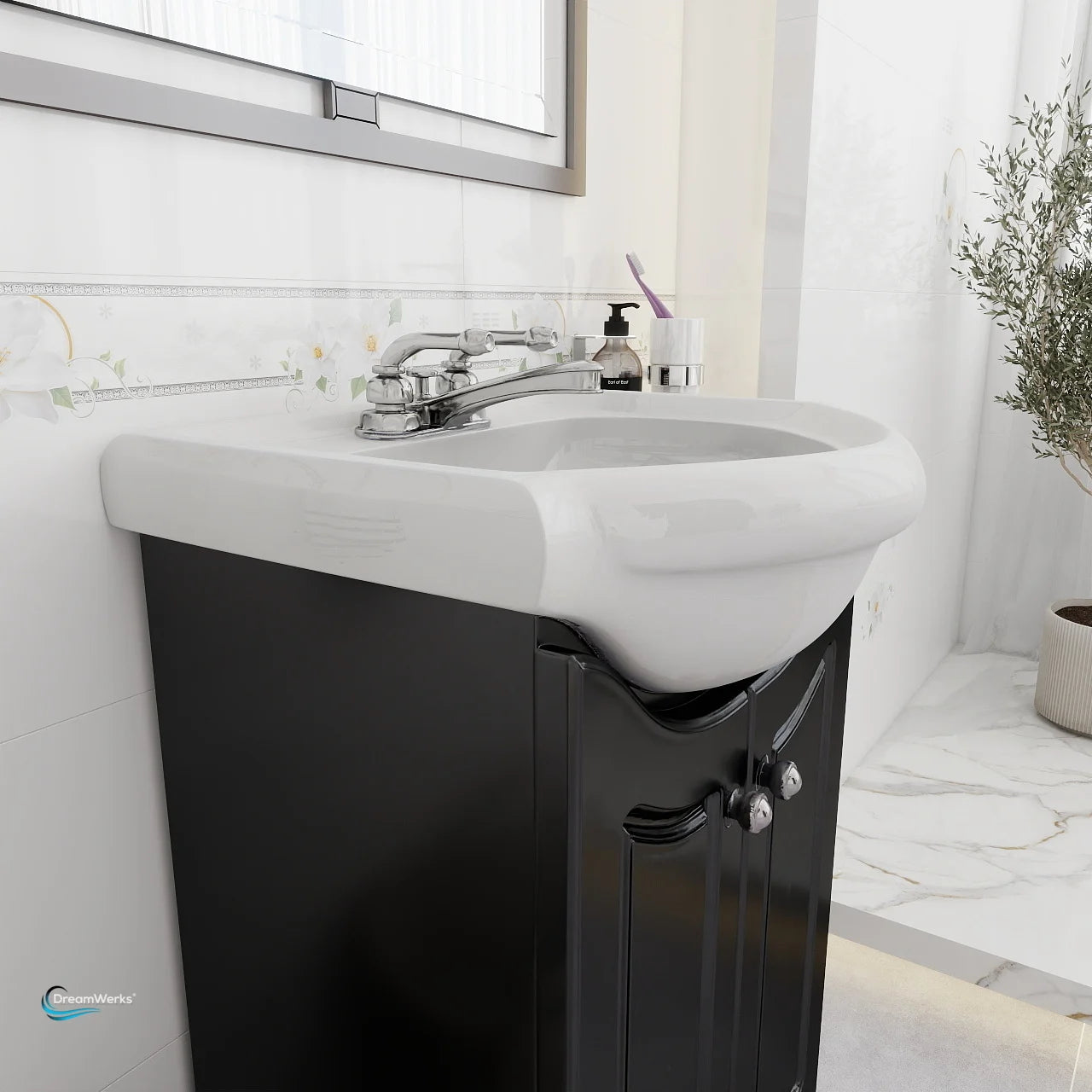 Bathroom setup with a white sink and black cabinet, featuring a mirror and decorative elements.