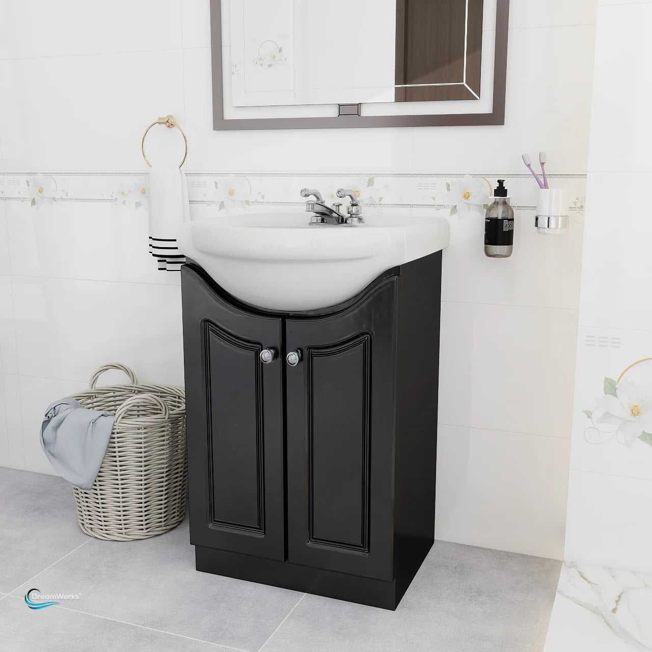 Black vanity unit with white sink in a bathroom setting