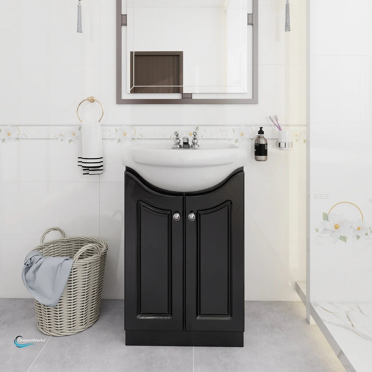 Bathroom with black vanity unit, white sink, and decorative elements.