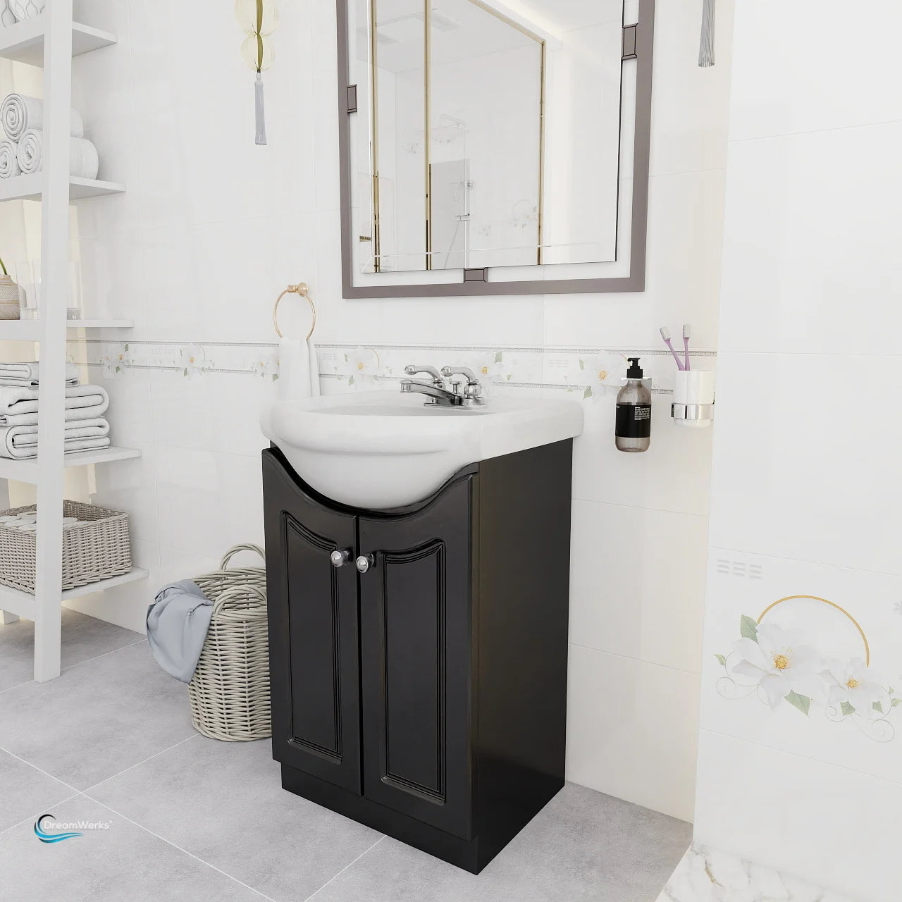 Bathroom with black vanity unit, white sink, and mirror.