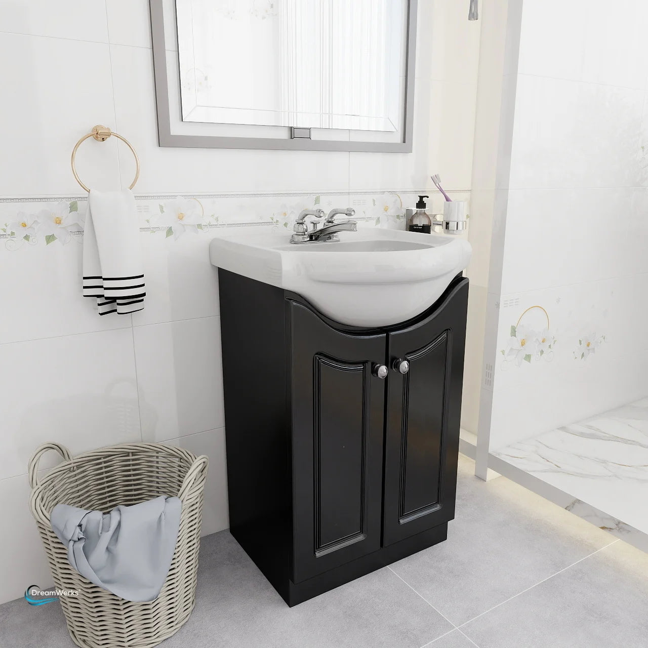 Bathroom with black vanity unit, white sink, and wicker basket.