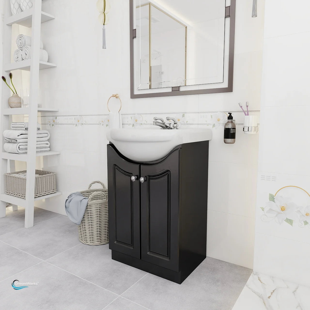 Bathroom with black vanity unit, white sink, and mirror.