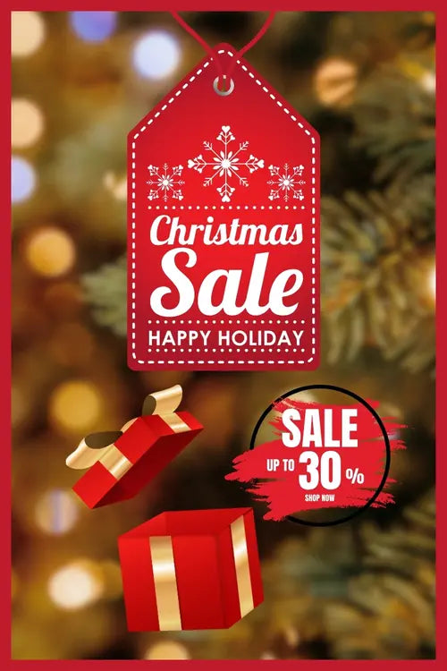 Dreamwerks Christmas Sale promo card featuring a red holiday tag and a gift box, announcing a sale of up to 30% off.