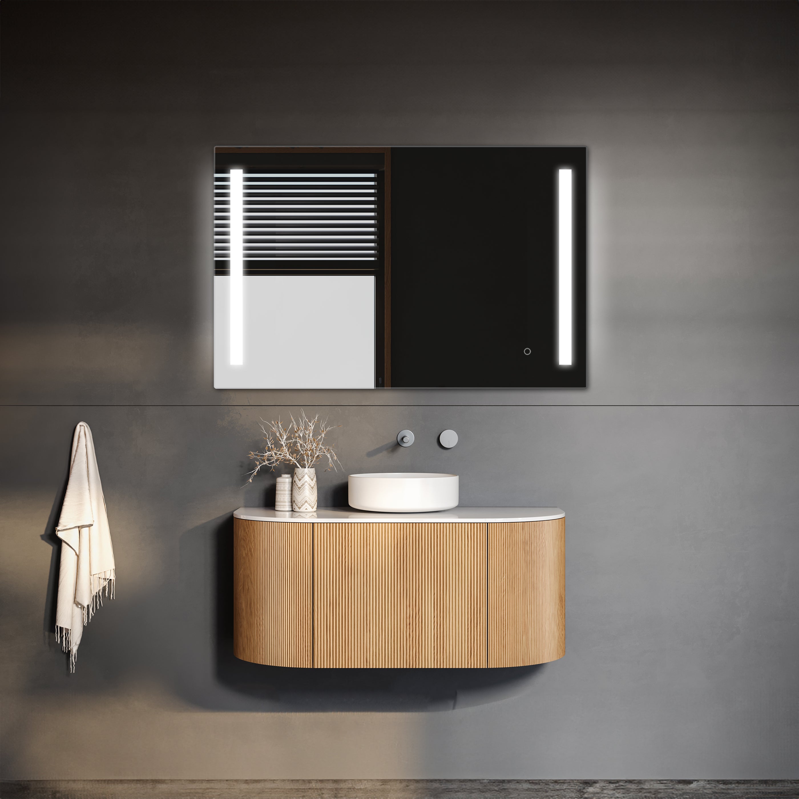 Modern bathroom vanity with sleek wooden finish, complemented by a TREVISO LED Mirror with an integrated defogger, set against a dark gray wall with minimalist decor.