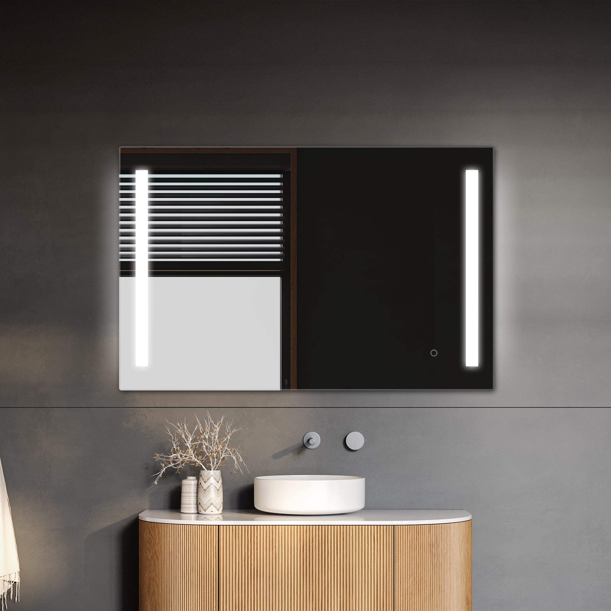 Modern bathroom vanity with sleek wooden finish, complemented by a TREVISO LED Mirror with an integrated defogger, set against a dark gray wall with minimalist decor in close us image.