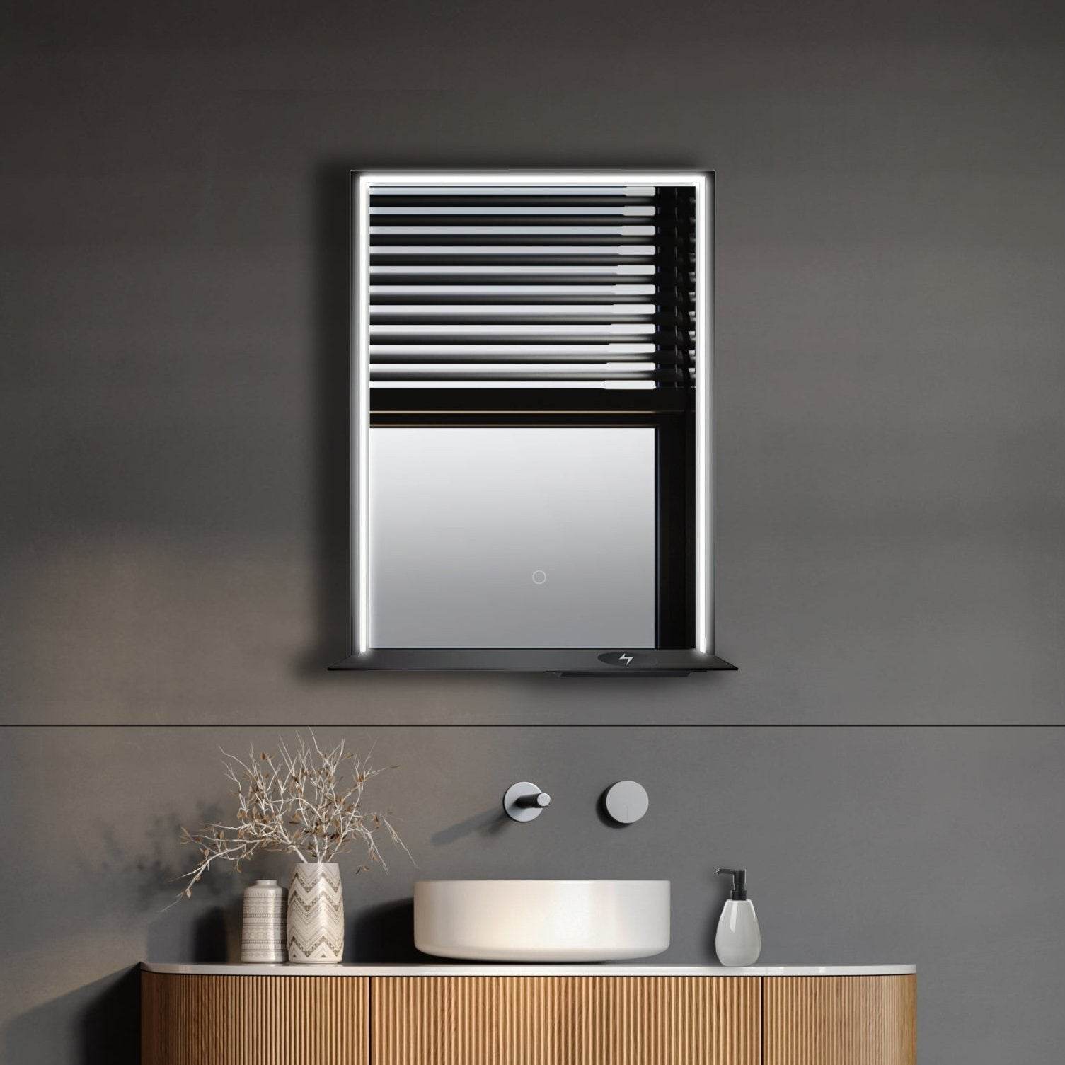 The Allegra rectangular LED bathroom mirror with Bluetooth speaker, wireless charging, and anti-fog