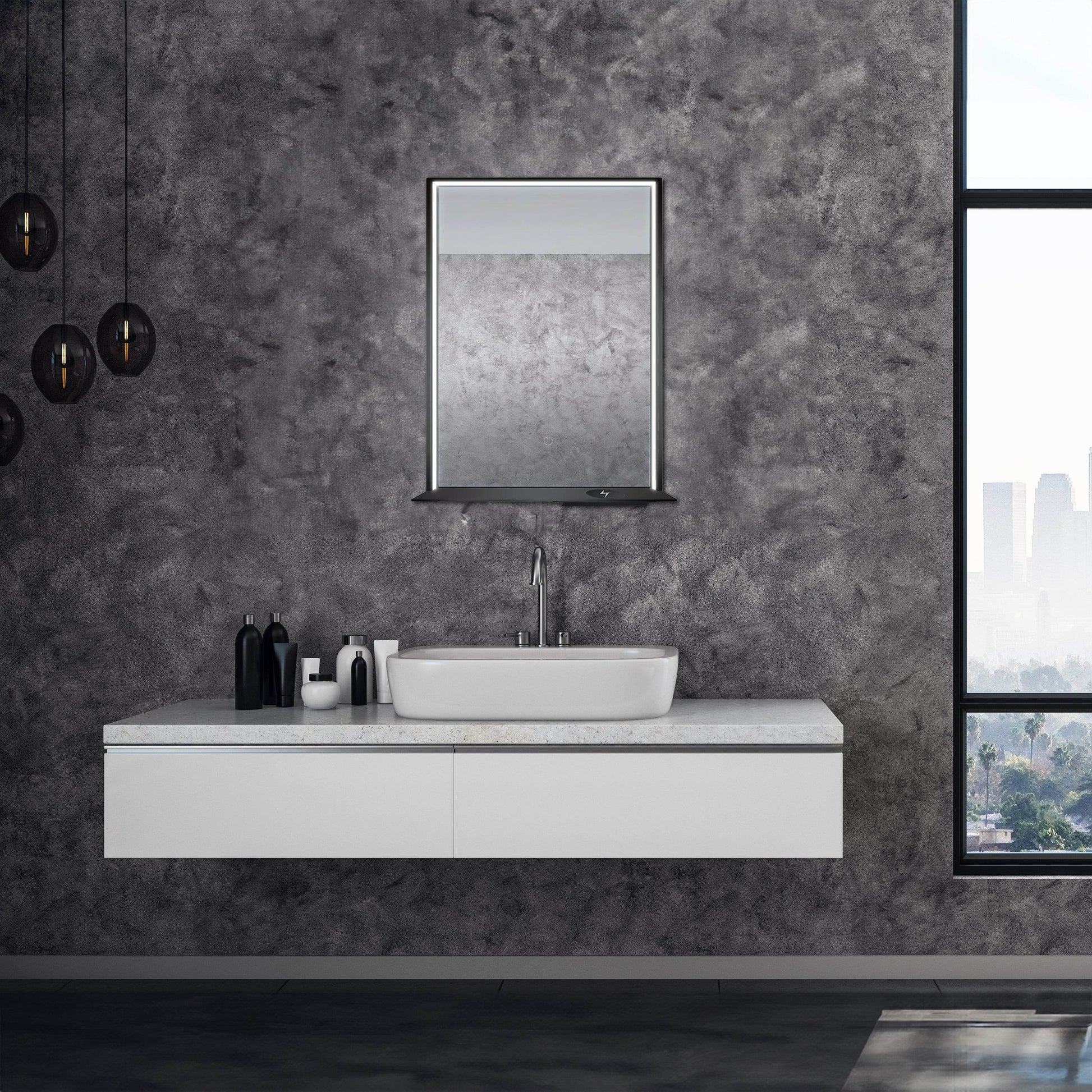 The Allegra rectangular LED bathroom mirror with Bluetooth speaker, wireless charging, and anti-fog