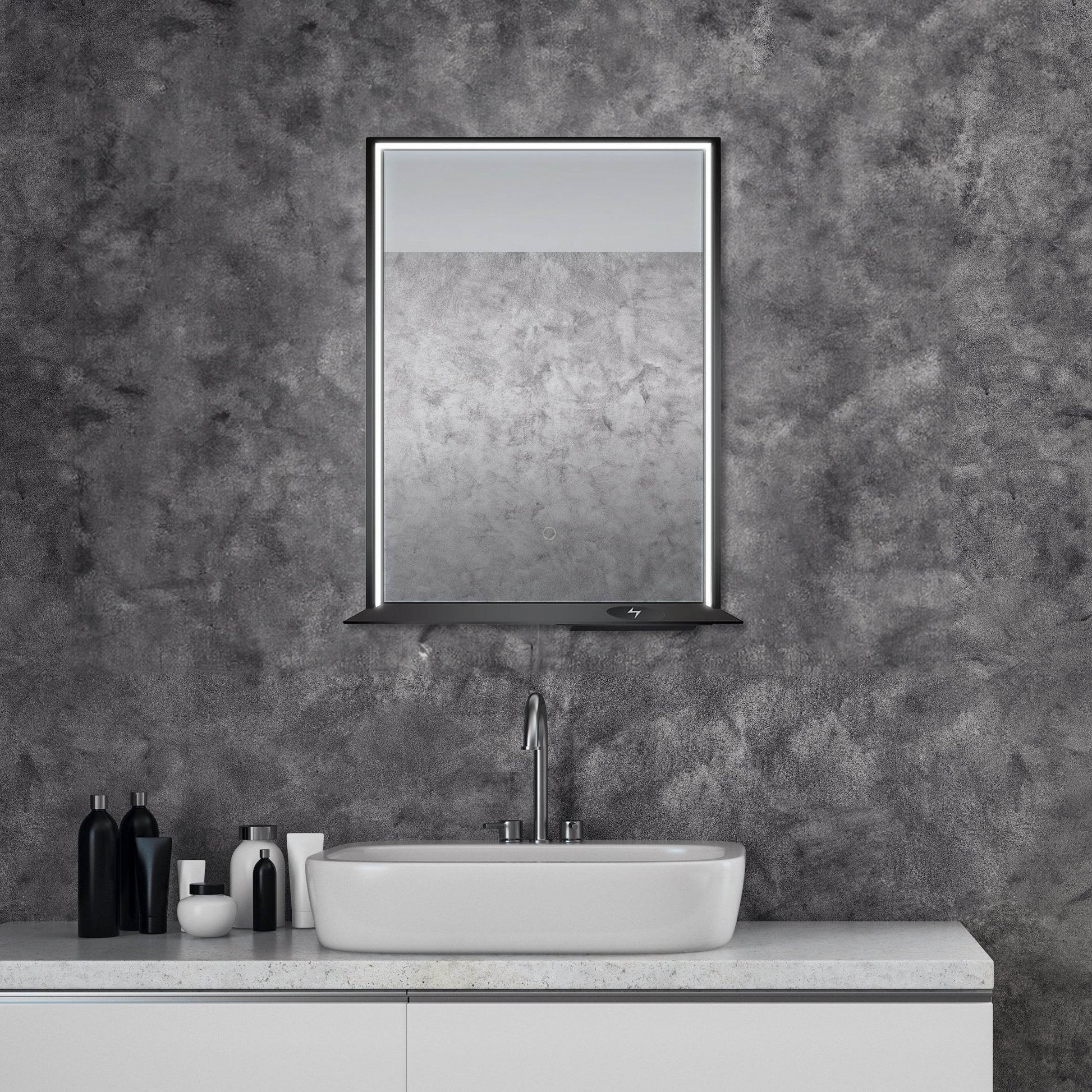The Allegra rectangular LED bathroom mirror with Bluetooth speaker, wireless charging, and anti-fog