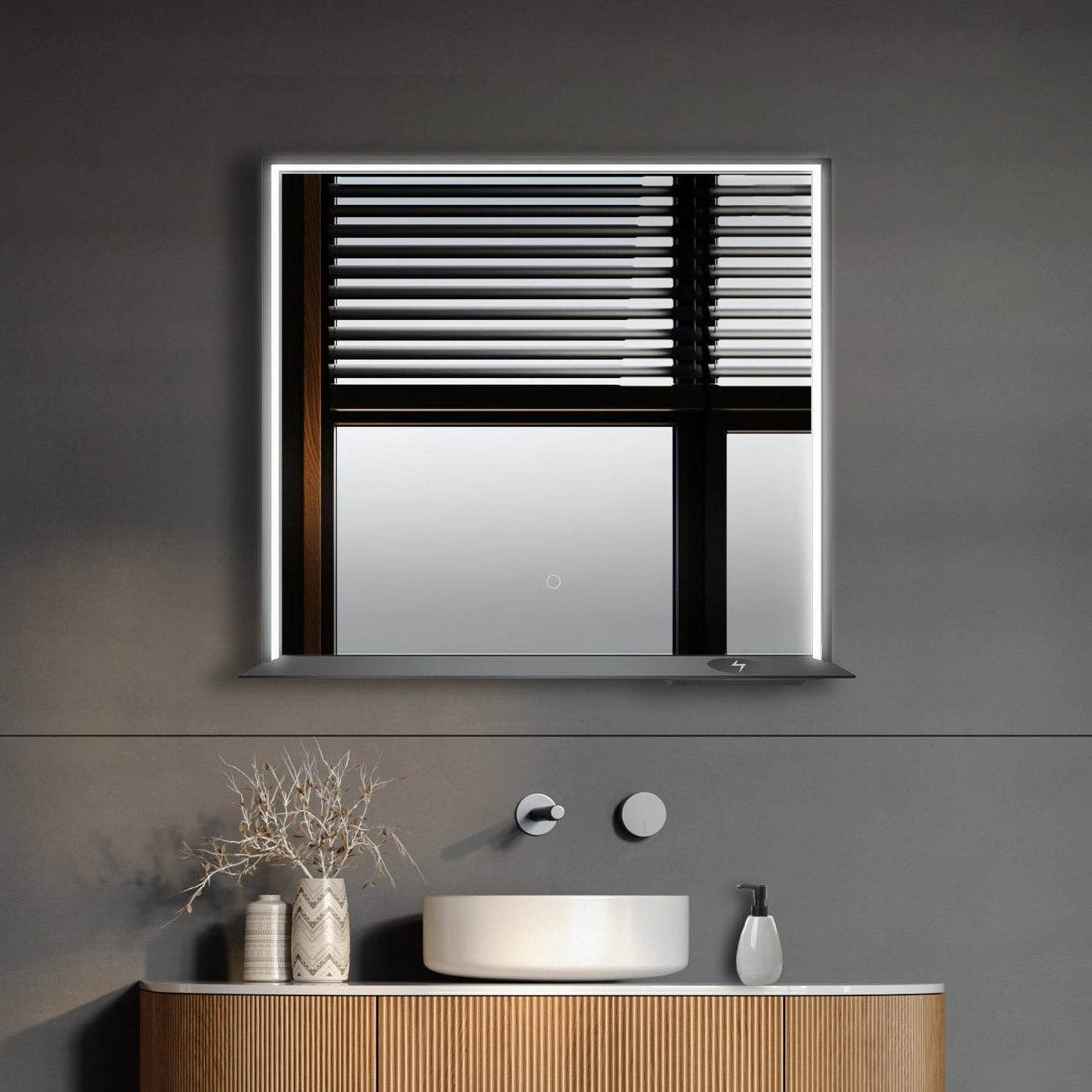 Allegra 36"W x 32"H Framed LED Mirror with Bluetooth Speaker and Wireless Cell Phone Charger - Available in 3 colors