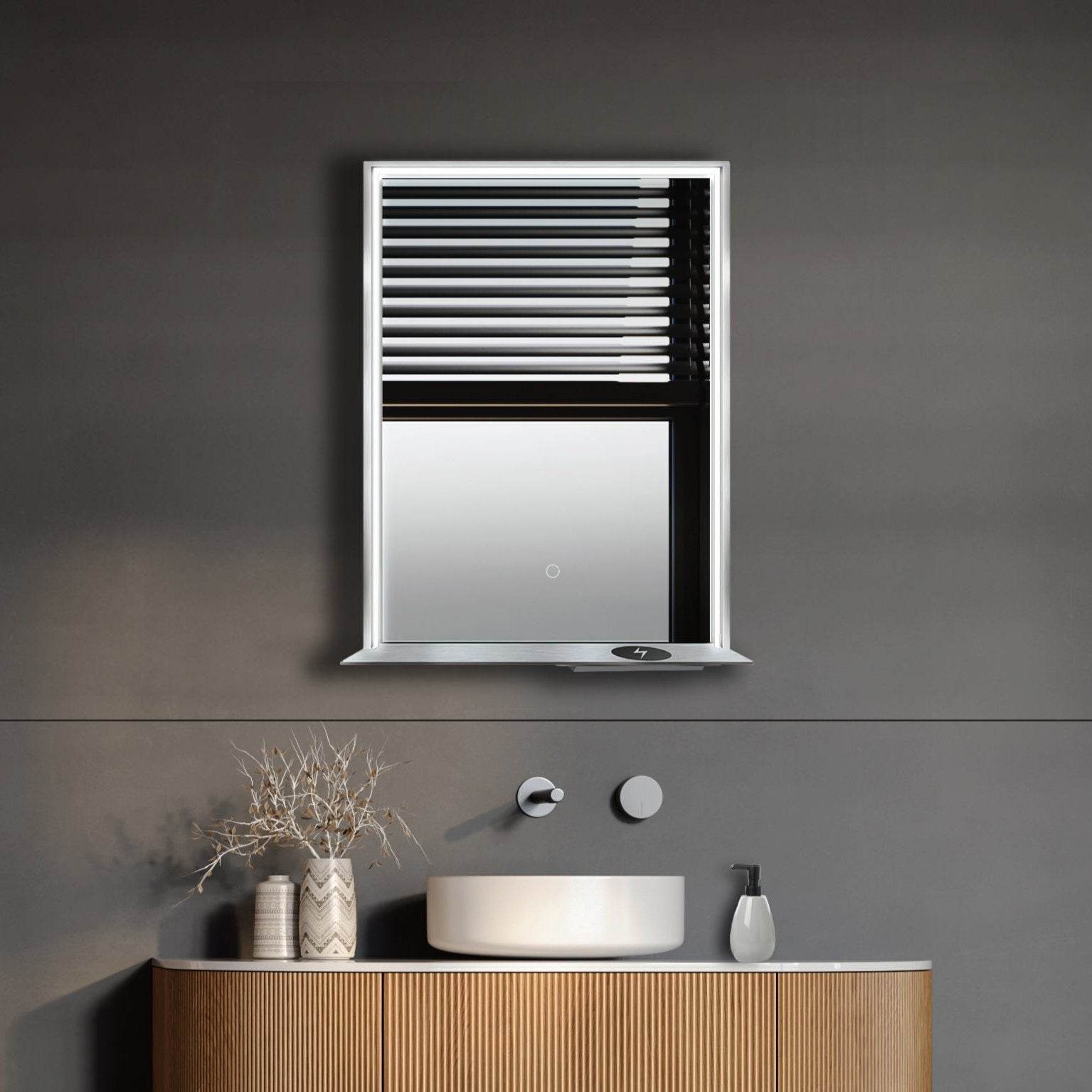 The Allegra rectangular LED bathroom mirror with Bluetooth speaker, wireless charging, and anti-fog