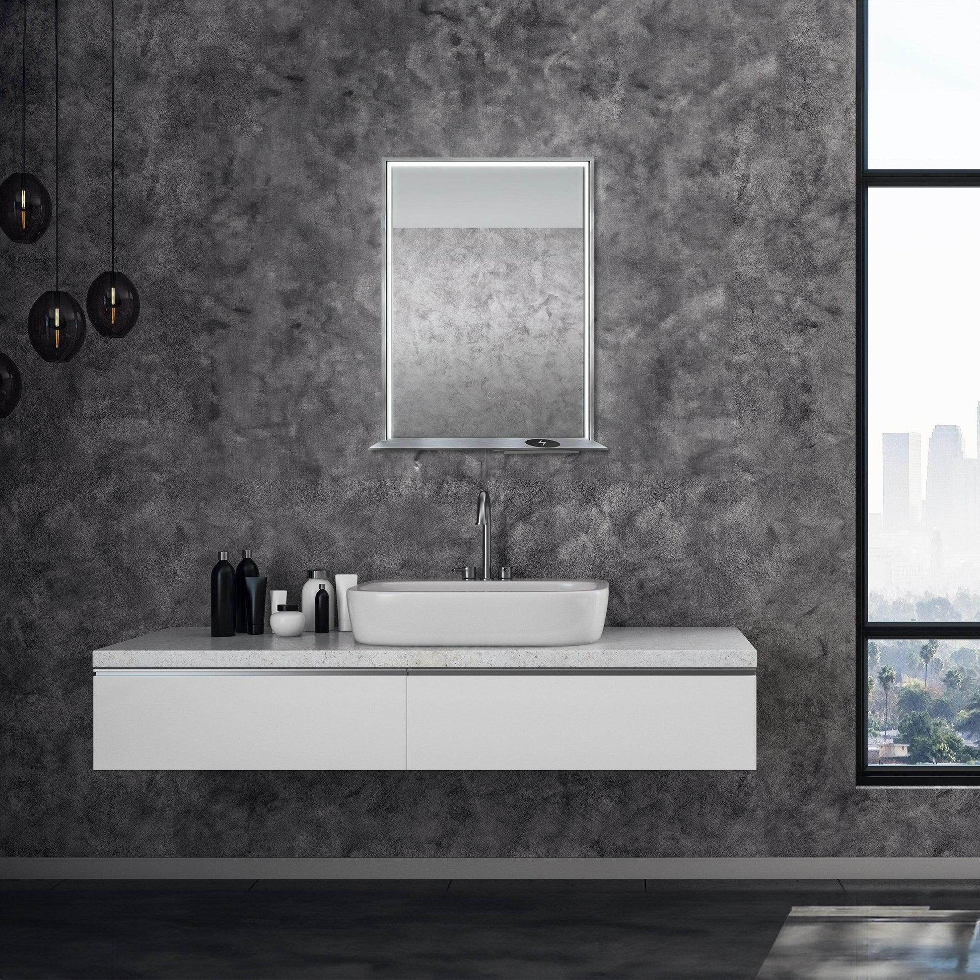 The Allegra rectangular LED bathroom mirror with Bluetooth speaker, wireless charging, and anti-fog