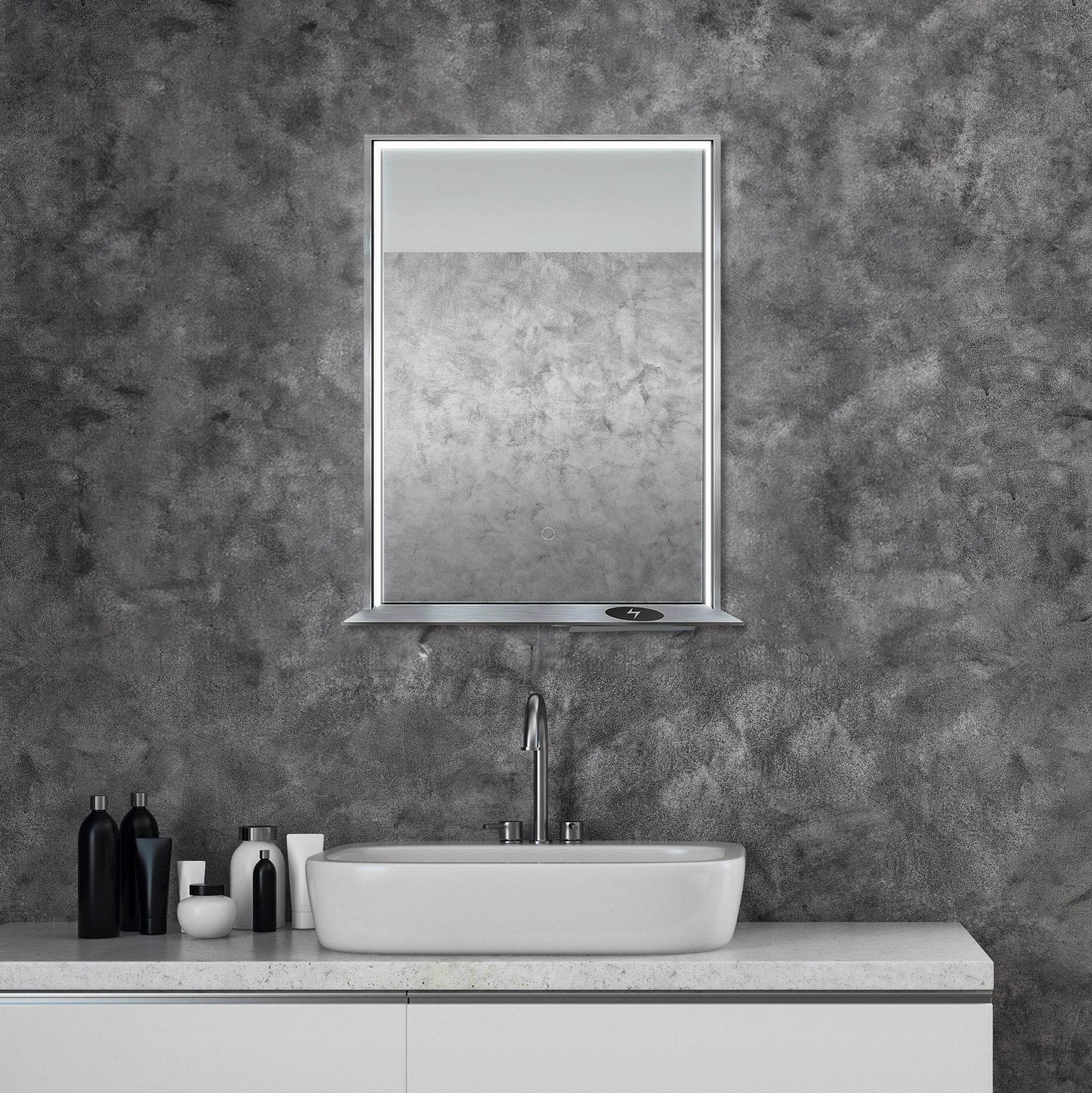 The Allegra rectangular LED bathroom mirror with Bluetooth speaker, wireless charging, and anti-fog