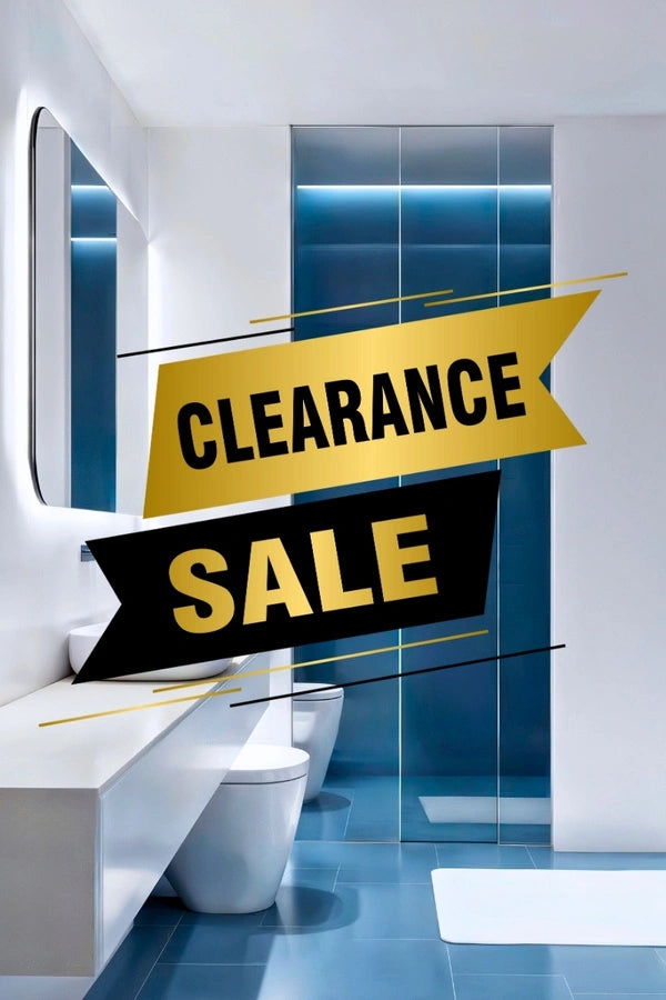 Promotional banner for a clearance sale, featuring large gold and black ribbon banners with the text "CLEARANCE SALE" overlaid on a modern, white, and blue bathroom setting.