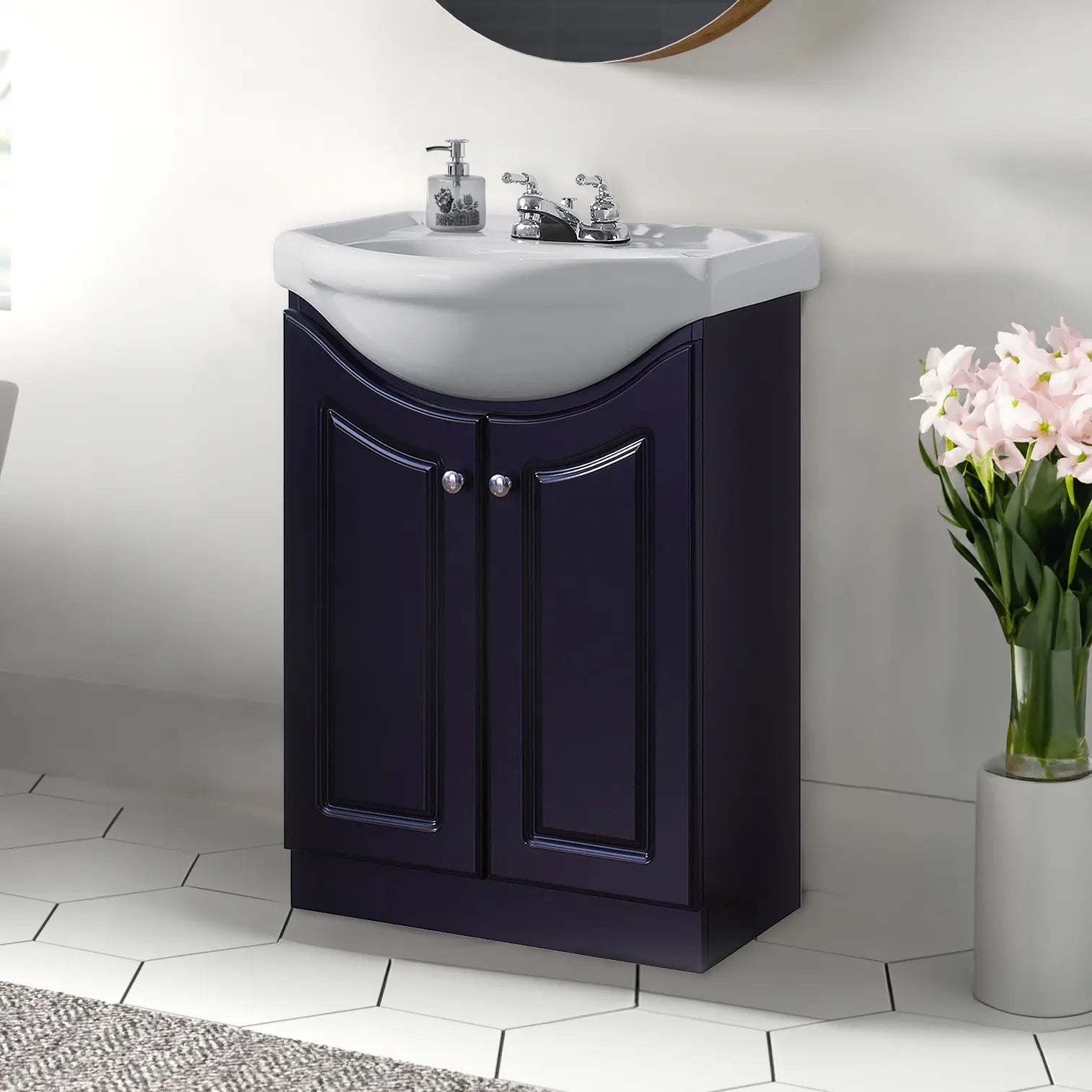 The Elanor 24-inch Semi-Contemporary Euro Vanity in Satin Black, featuring clean lines, a single drawer, and a contrasting bright white ceramic vanity top with an integrated sink. The vanity is shown in a modern bathroom setting.
