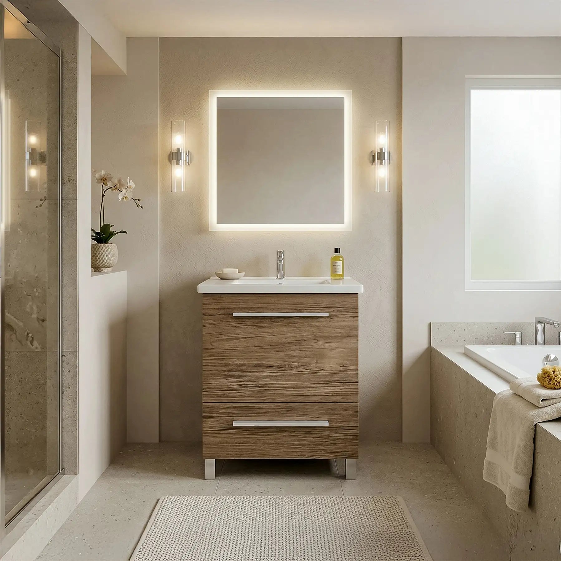 Modern bathroom with wooden vanity, mirror, and bathtub.