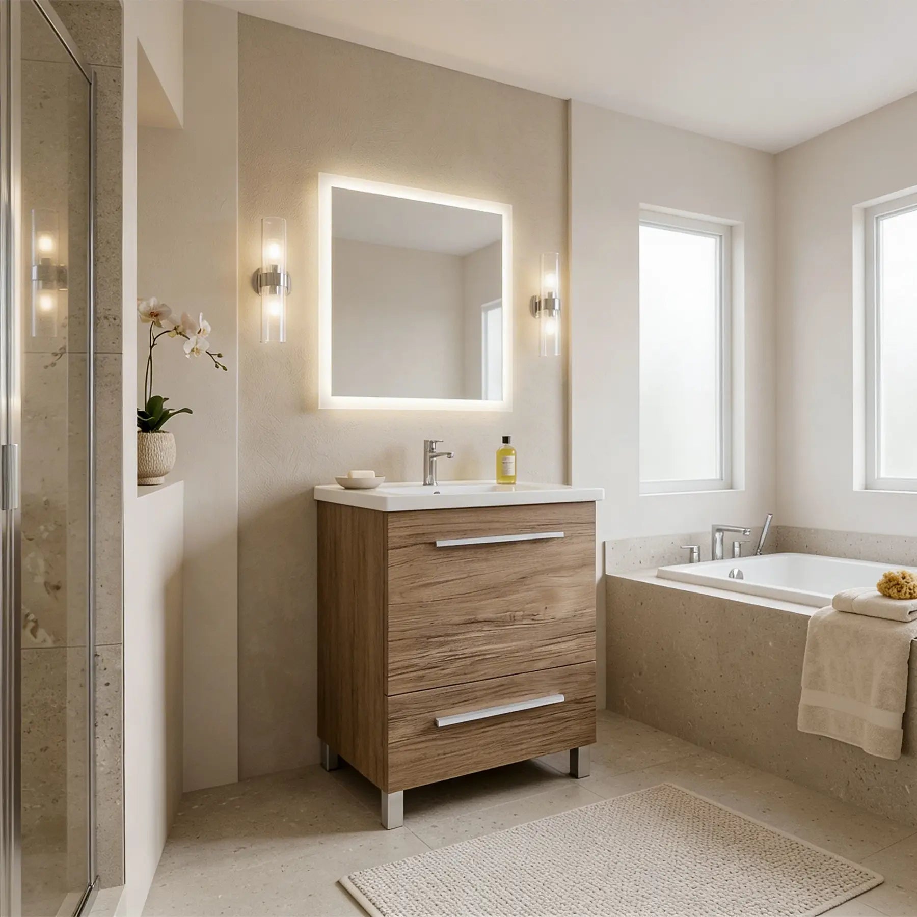 Modern bathroom with wooden vanity, illuminated mirror, and bathtub.